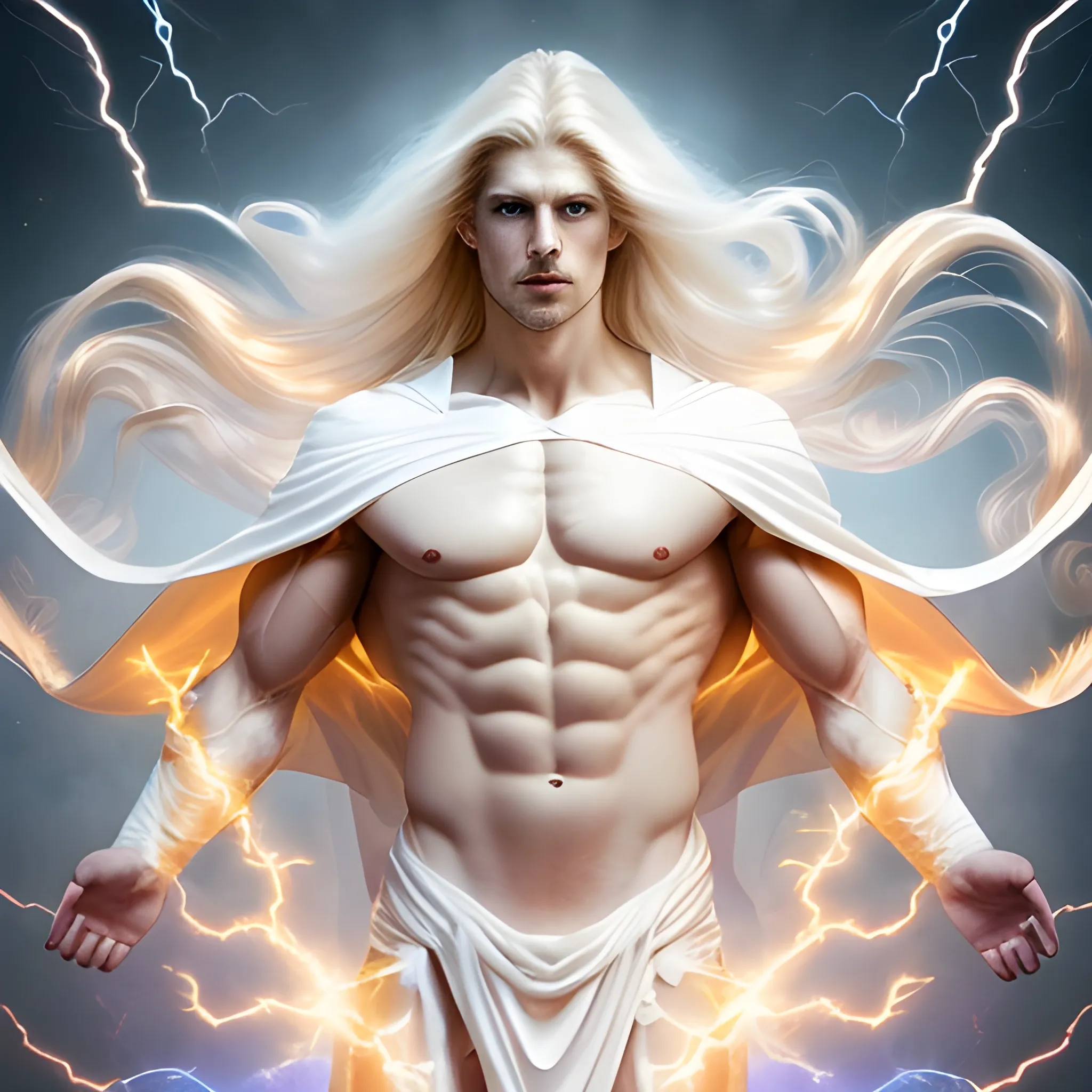 Invincible Immortal very handsome white long hair cape sexy beauty, hands spread floating in the space, burst golden lightning energy wrapped around the body, muscles perfectly carved, ultra high definition