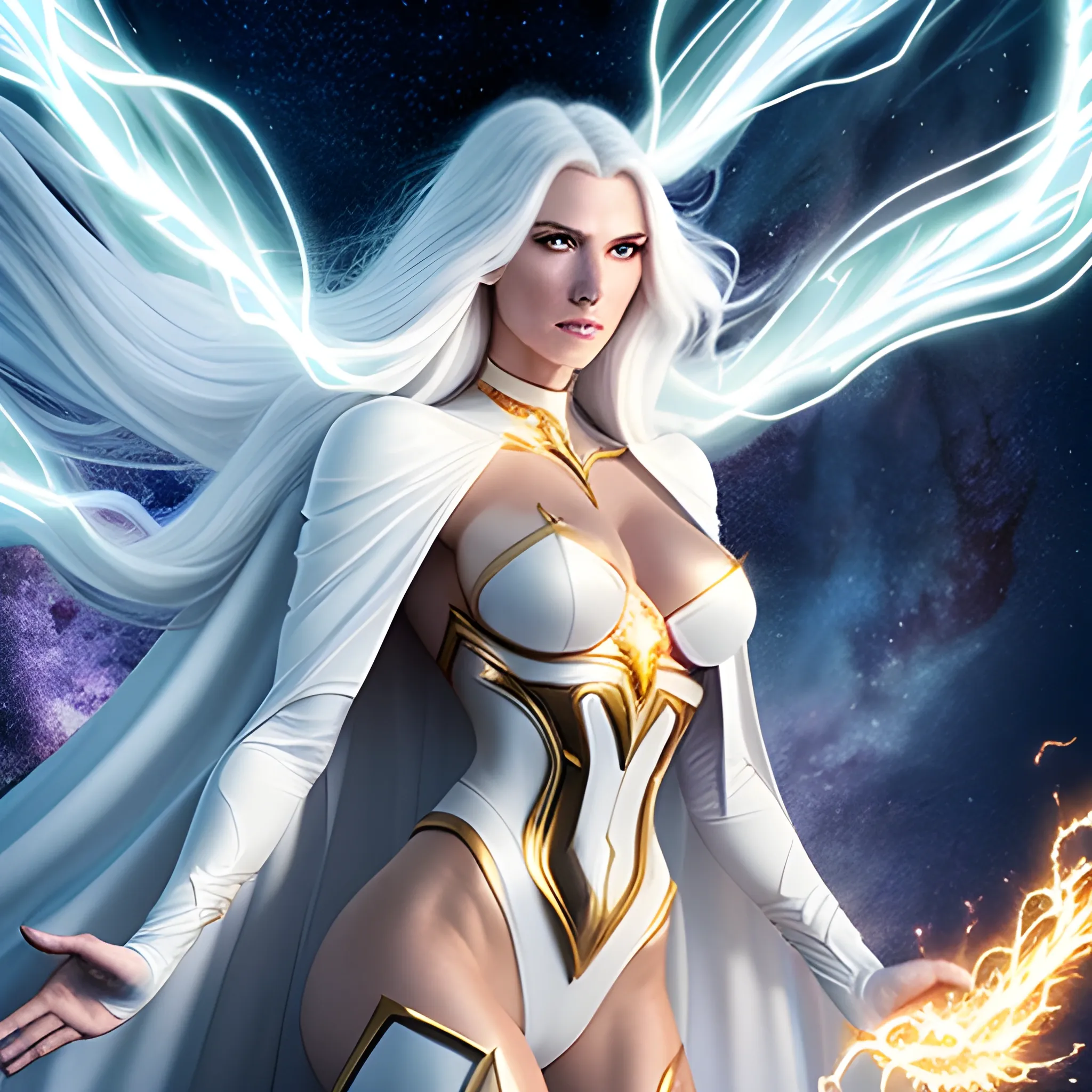 Invincible Immortal very beautiful white long hair cape sexy girl, hands spread floating in the space, burst golden lightning energy wrapped around the body, muscles perfectly carved, breasts full and straight, extreme ultra HD