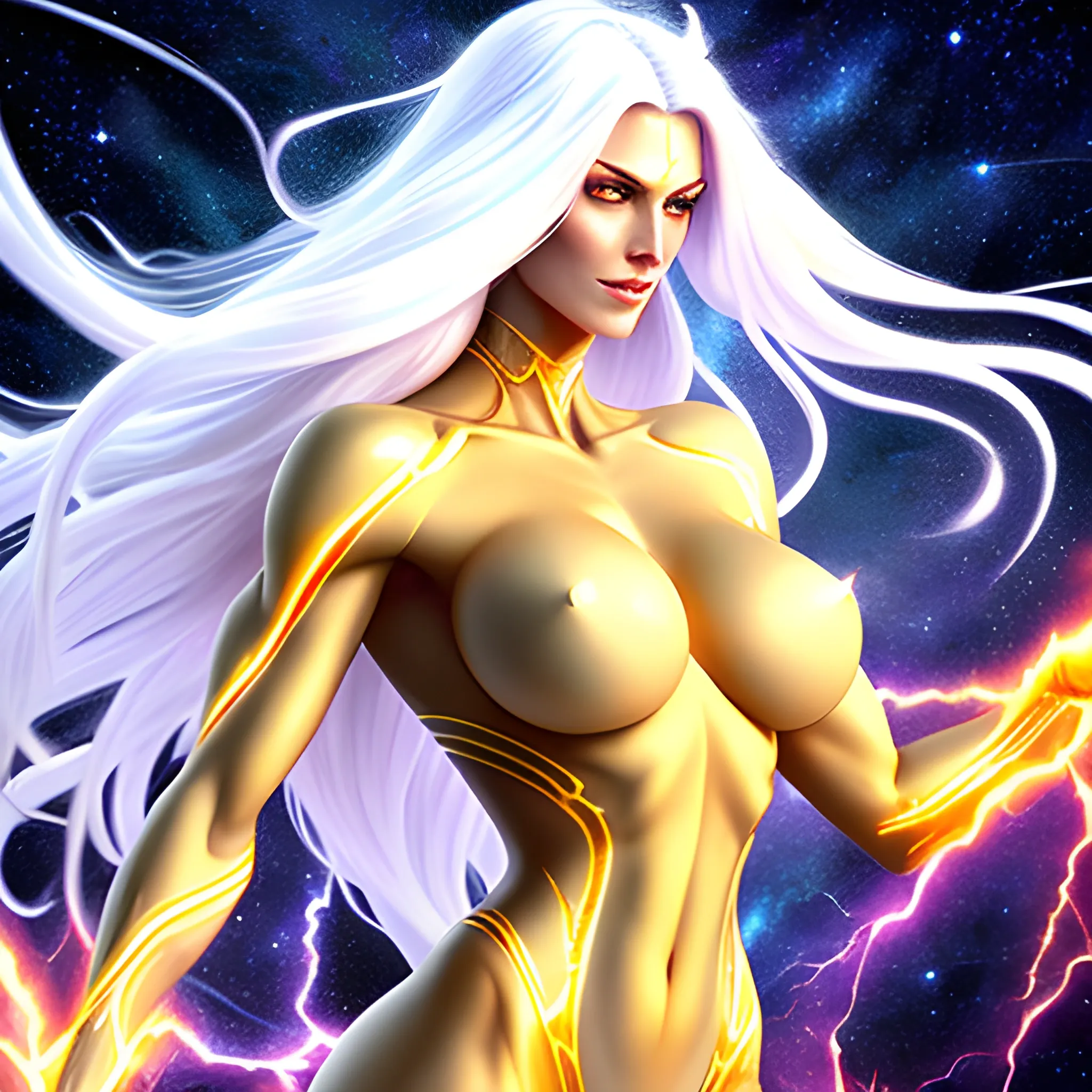 Invincible Immortal very beautiful white long hair shapely sexy girl, hands spread floating in the universe, burst golden lightning energy wrapped around the body, muscles perfectly carved, breasts full and straight, extreme ultra-high definition