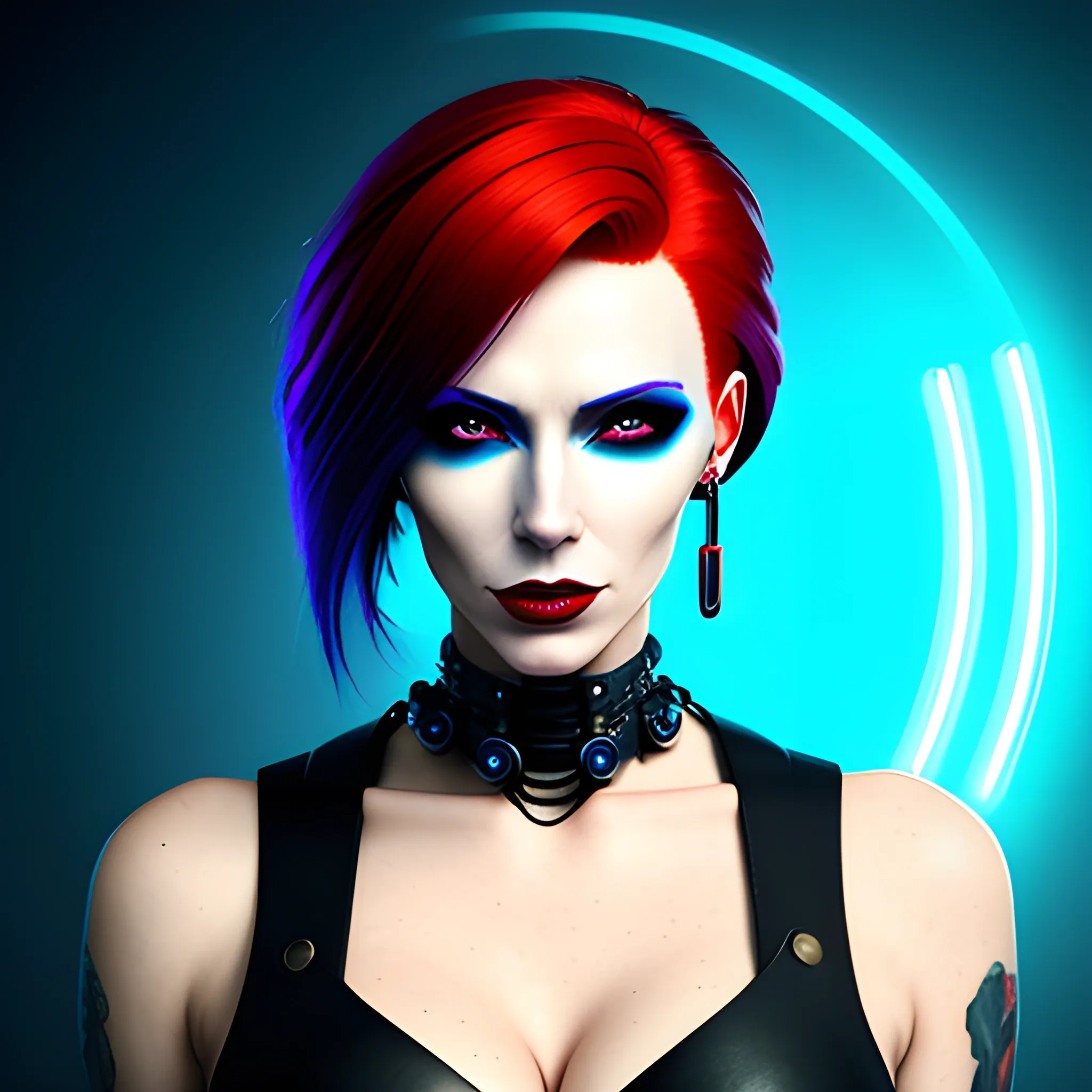 Cyberpunk girl, girl with red hair, dim lights, blue and black t ...