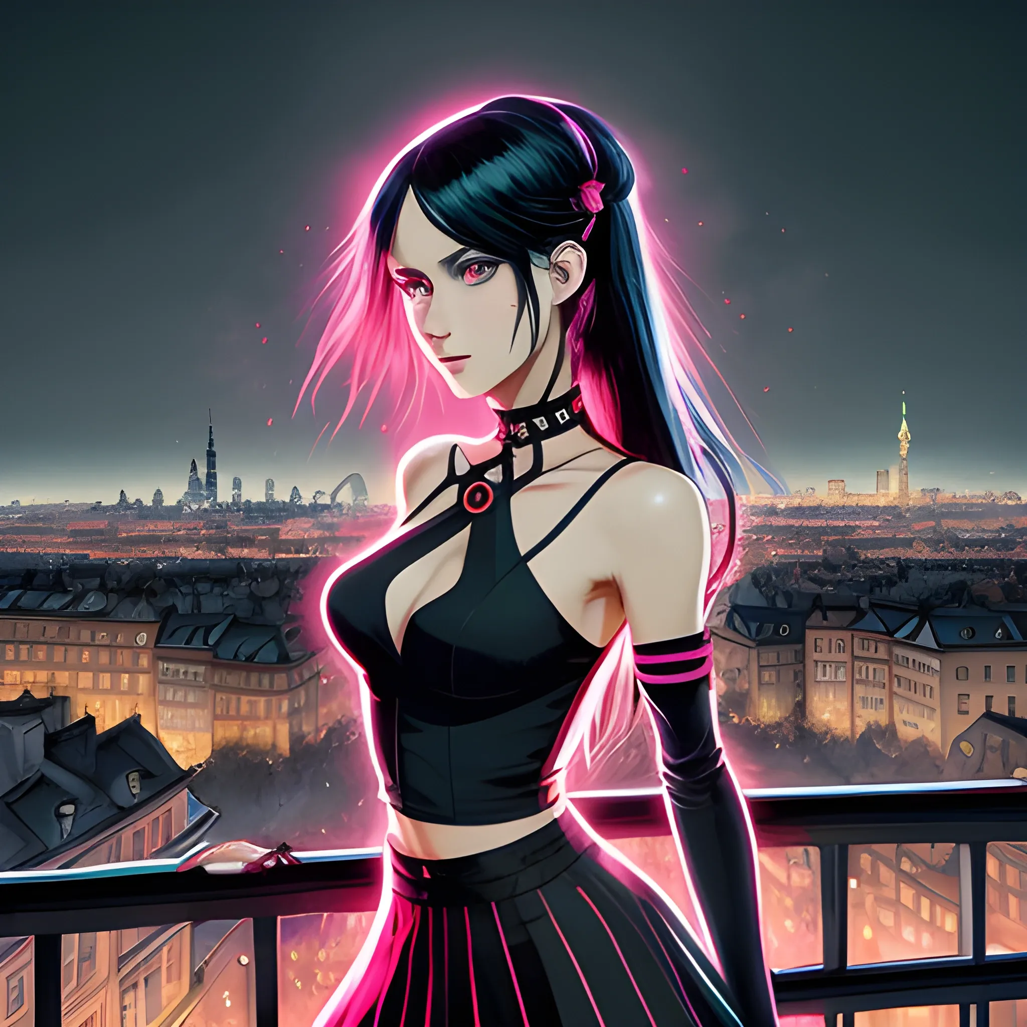 An image of black hair slavic woman wearing choker in a manga art, anime style character  red and sillver colors,  true aesthetics, casual fashion shot of a beautiful modern woman posing in front of a psychedelic art nouveau style. classy style polish female, full figure, fit, ellegant tight pink costume, miniskirt,  legs,  choker, cross, long hair, classy,  beautiful face, manga eyes, open mouth,  Warsaw city in the background, dark night, art by Greg Rutkowski, acrylic, high contrast, colorful polychromatic, ultra detailed, ultra quality, CGSocietyHighly detailed, highest quality, 3D, 