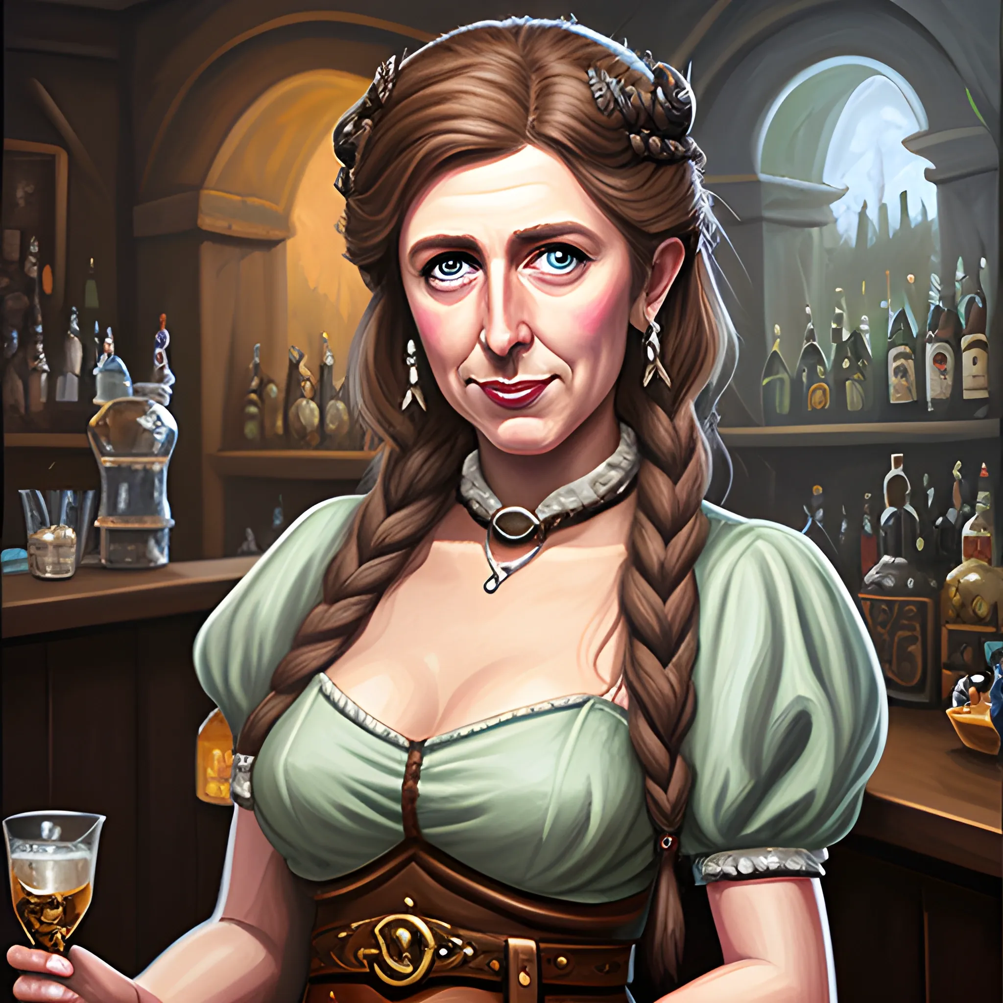 A dnd bar maiden with face of eric idle, Oil Painting