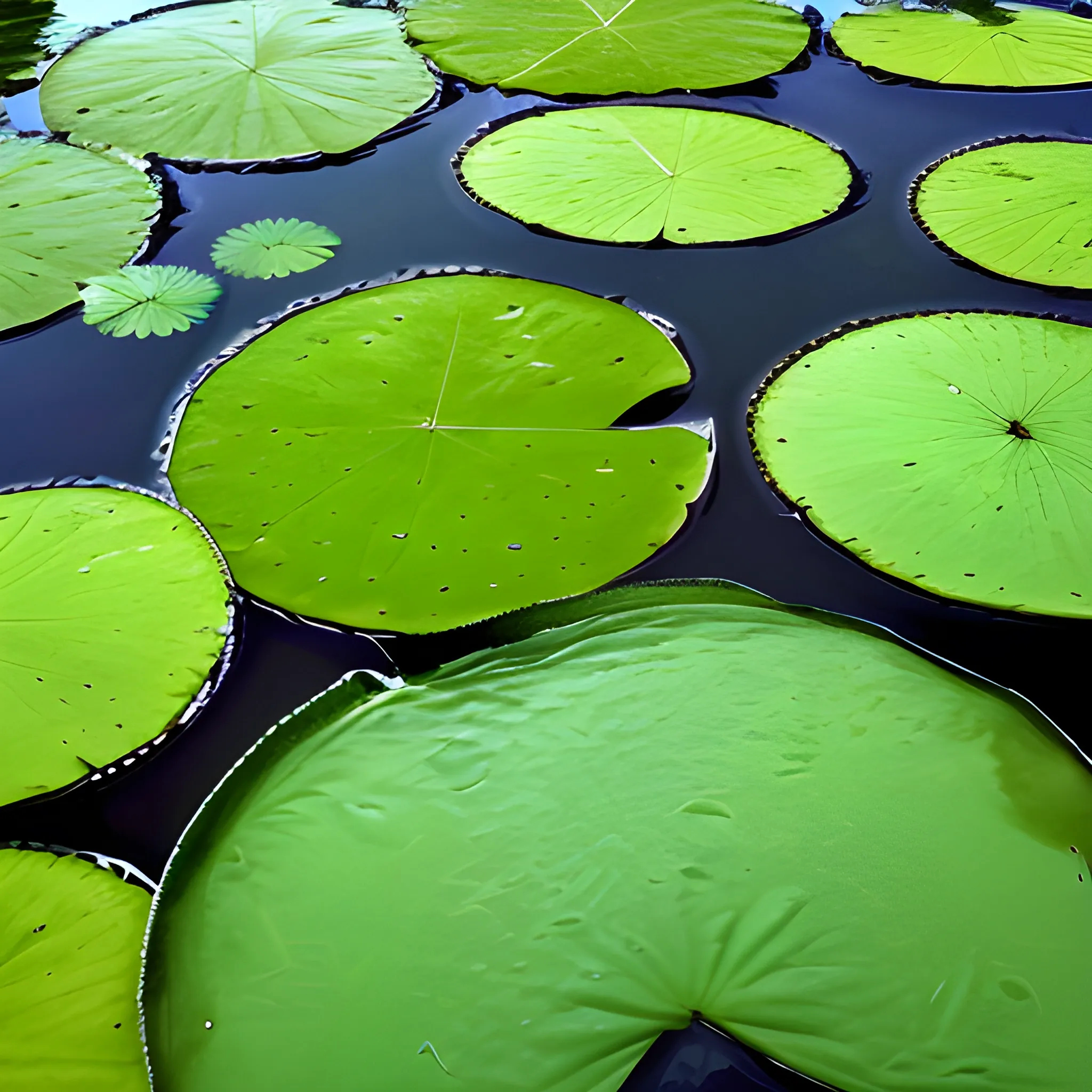 A bunch of lilly pads on water