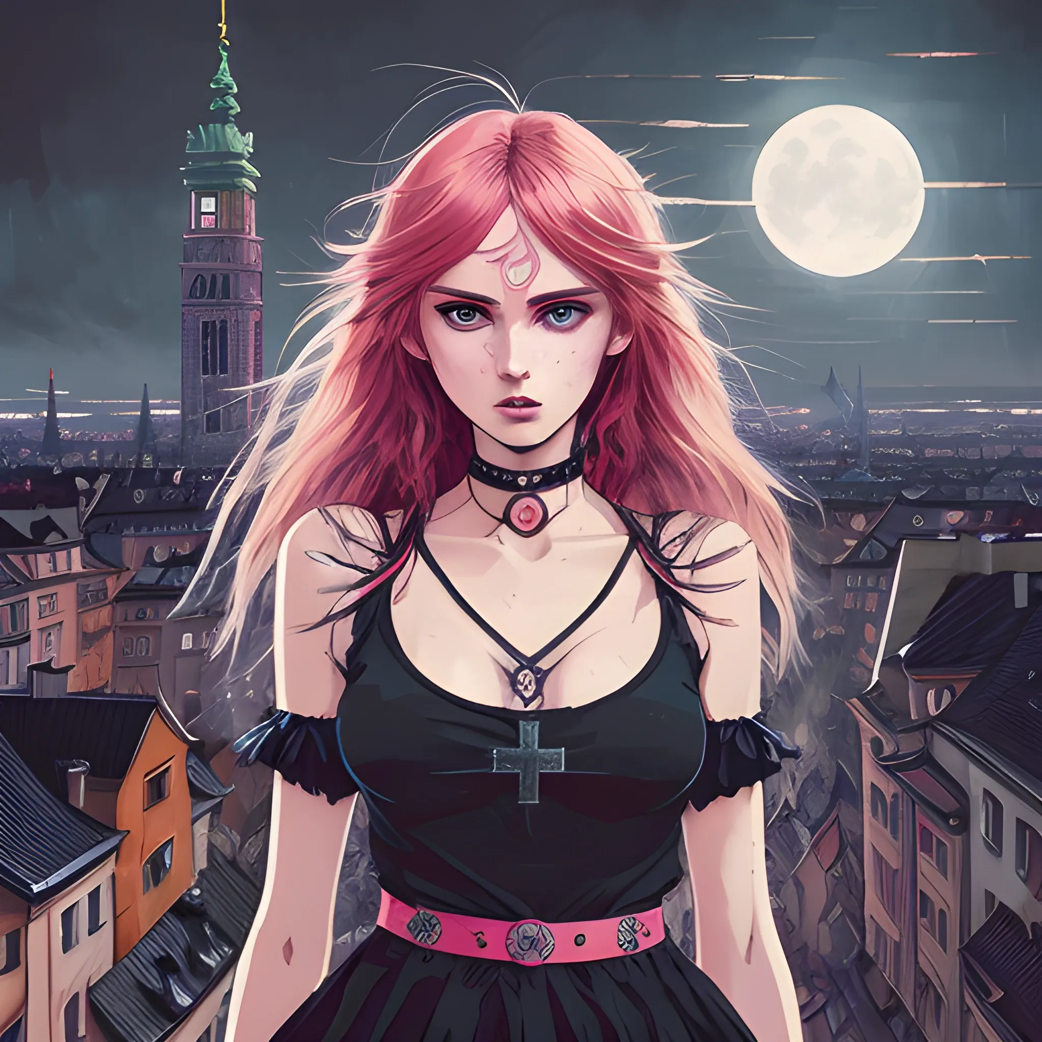 An image of messy hair slavic woman wearing choker in a manga art, anime style character  red and sillver colors,  true aesthetics, casual fashion shot of a beautiful modern woman posing in front of a psychedelic art nouveau style. classy style polish female, full figure, fit, ellegant tight pink costume, miniskirt,  legs,  choker, cross, long hair, classy,  beautiful face, manga eyes, open mouth,  Warsaw city in the background, dark night, art by Greg Rutkowski, acrylic, high contrast, colorful polychromatic, ultra detailed, ultra quality, CGSocietyHighly detailed, highest quality, 3D, 