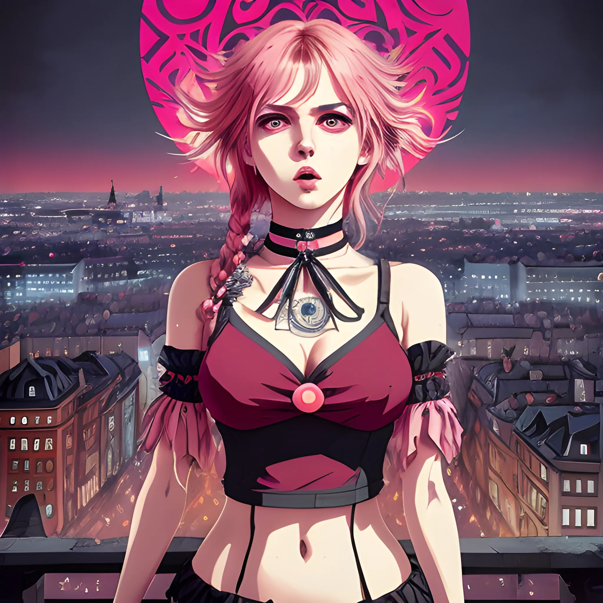 An image of messy hair slavic woman wearing choker in a manga art, anime style character  red and sillver colors,  true aesthetics, casual fashion shot of a beautiful modern woman posing in front of a psychedelic art nouveau style. classy style polish female, full figure, fit, ellegant tight pink costume, miniskirt,  legs,  choker, cross, long hair, classy,  beautiful face, manga eyes, open mouth,  Warsaw city in the background, dark night, art by Greg Rutkowski, acrylic, high contrast, colorful polychromatic, ultra detailed, ultra quality, CGSocietyHighly detailed, highest quality, 3D, 