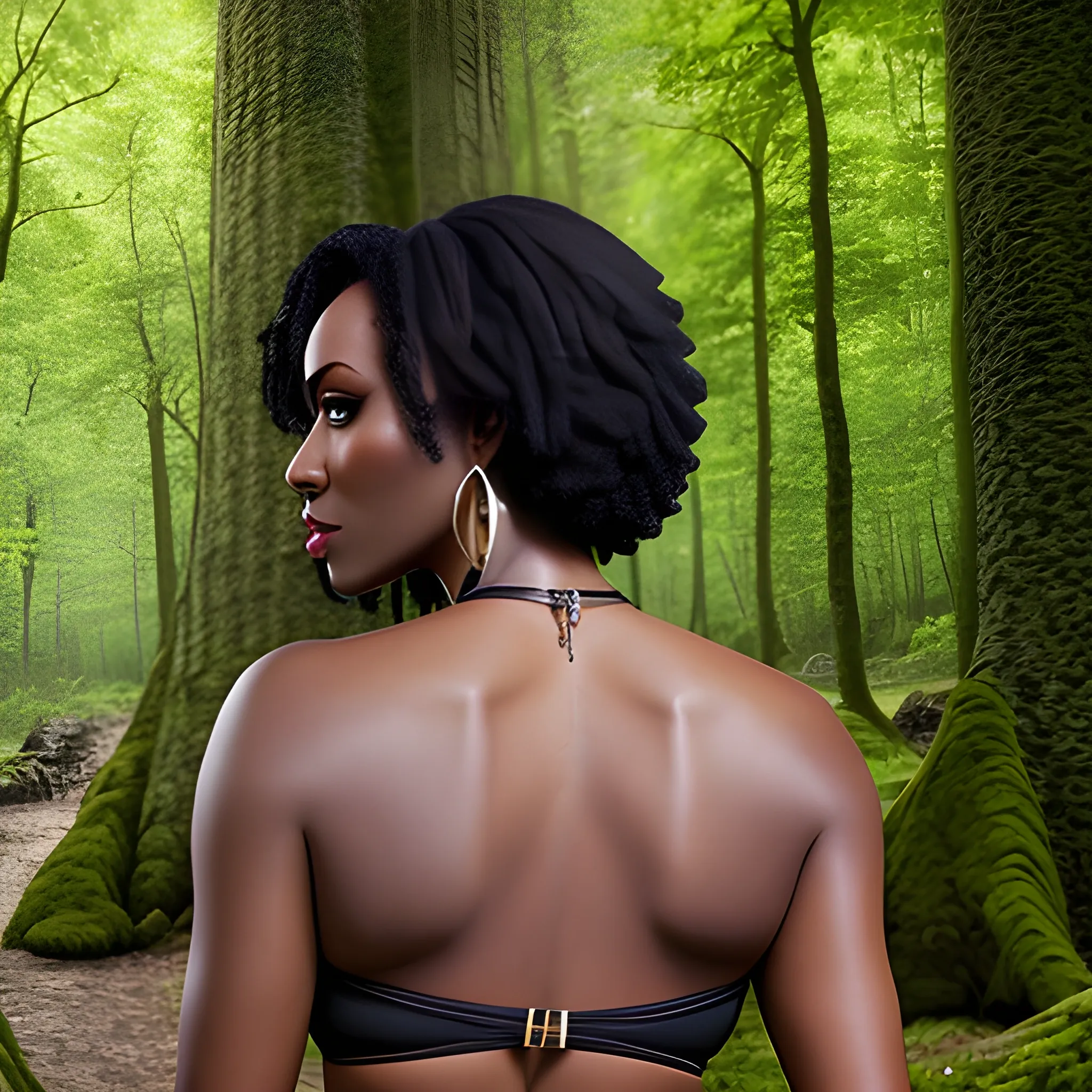 a woman in a forest with her back to the camera and a man in the background, breasts, looking_at_viewer, short_hair, multiple_girls, black_hair, 2girls, bikini，big breasts，bare_shoulders, jewelry, medium_breasts, standing, earrings, outdoors, parted_lips, solo_focus, day,  dark_skin, from_behind, dark-skinned_female, tree, lips, crop_top, back, nature, armlet，realistic, bracer