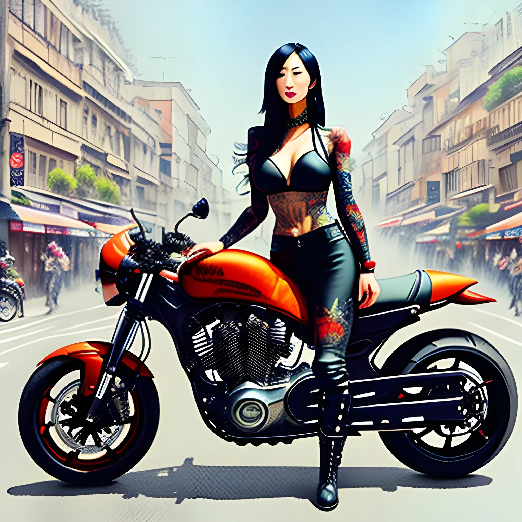 Beautiful Chinese girl with tattoos and motorcycle style boots s... -  Arthub.ai