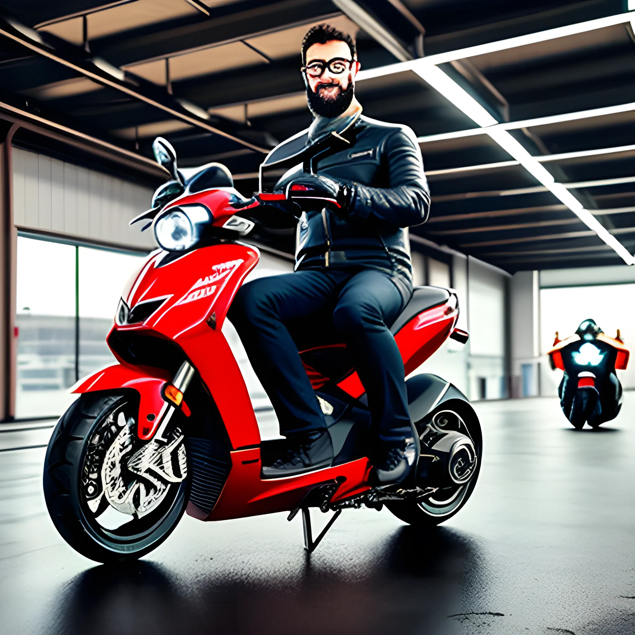 Young boy of about 21 years old with glasses and a bit of beard on a Ducati brand scooter in an industrial park