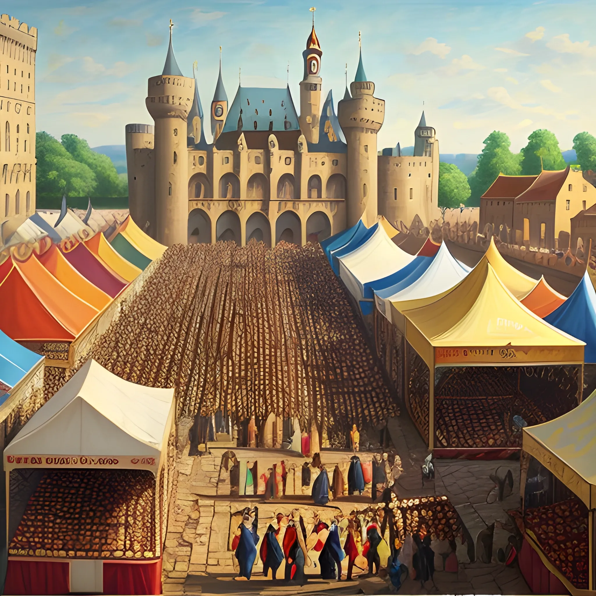 A scene of a royal market as a game event background, showcasing a lively market square filled with colorful tents, traders in period attire showcasing their wares, set against a backdrop of a majestic castle and a setting sun, capturing the atmosphere and style of European medieval trade, Artwork, oil painting on canvas with a focus on texture and light, --ar 16:9 --v 5