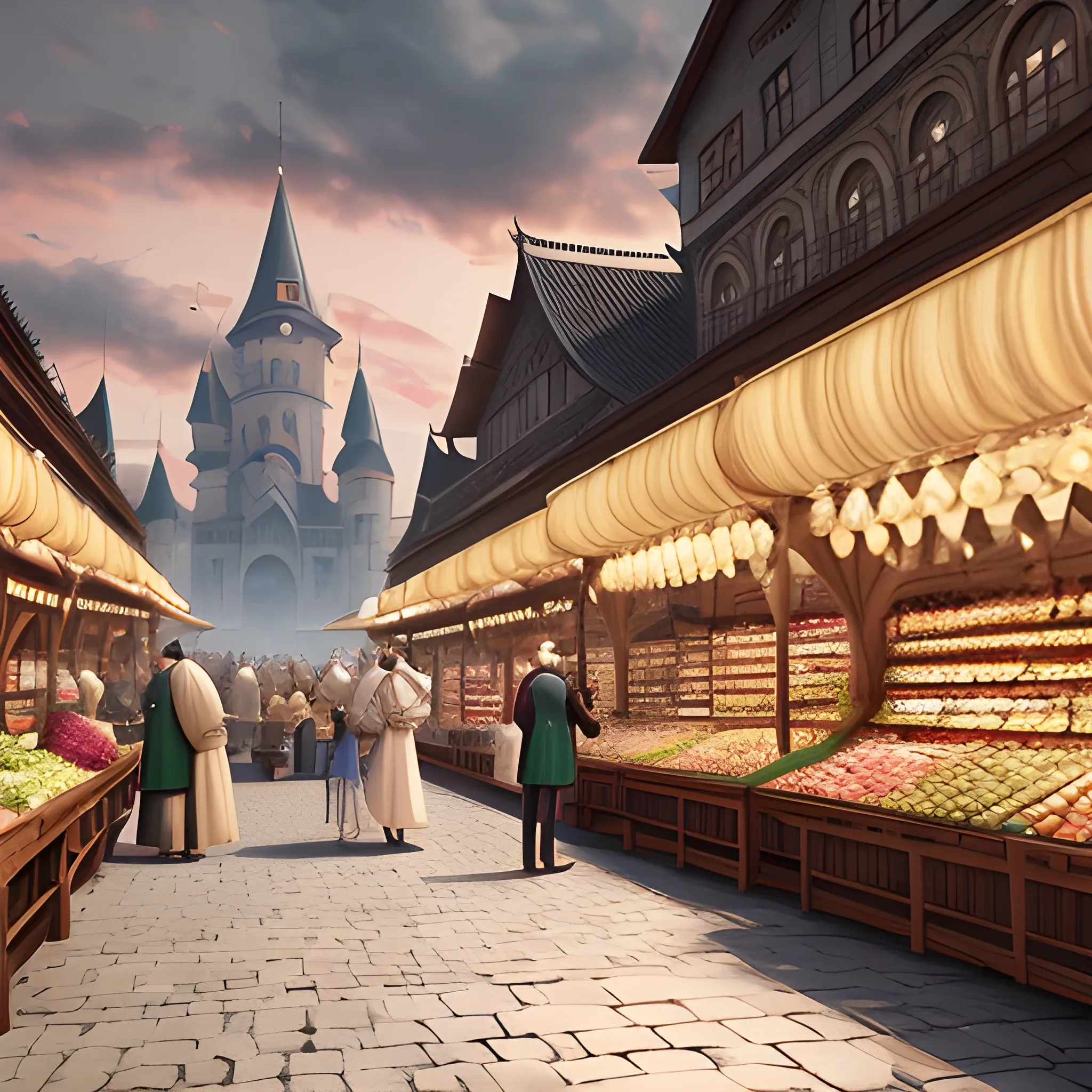 A scene of a royal market as a game event background, featuring a bustling market scene with various stalls, merchants in period attire negotiating deals, set against a backdrop of a grand castle and a rising sun, capturing the atmosphere and style of European medieval trade, 3D Artwork, created using a 3D modeling software with a focus on dynamic lighting and detail, --ar 16:9 --v 5