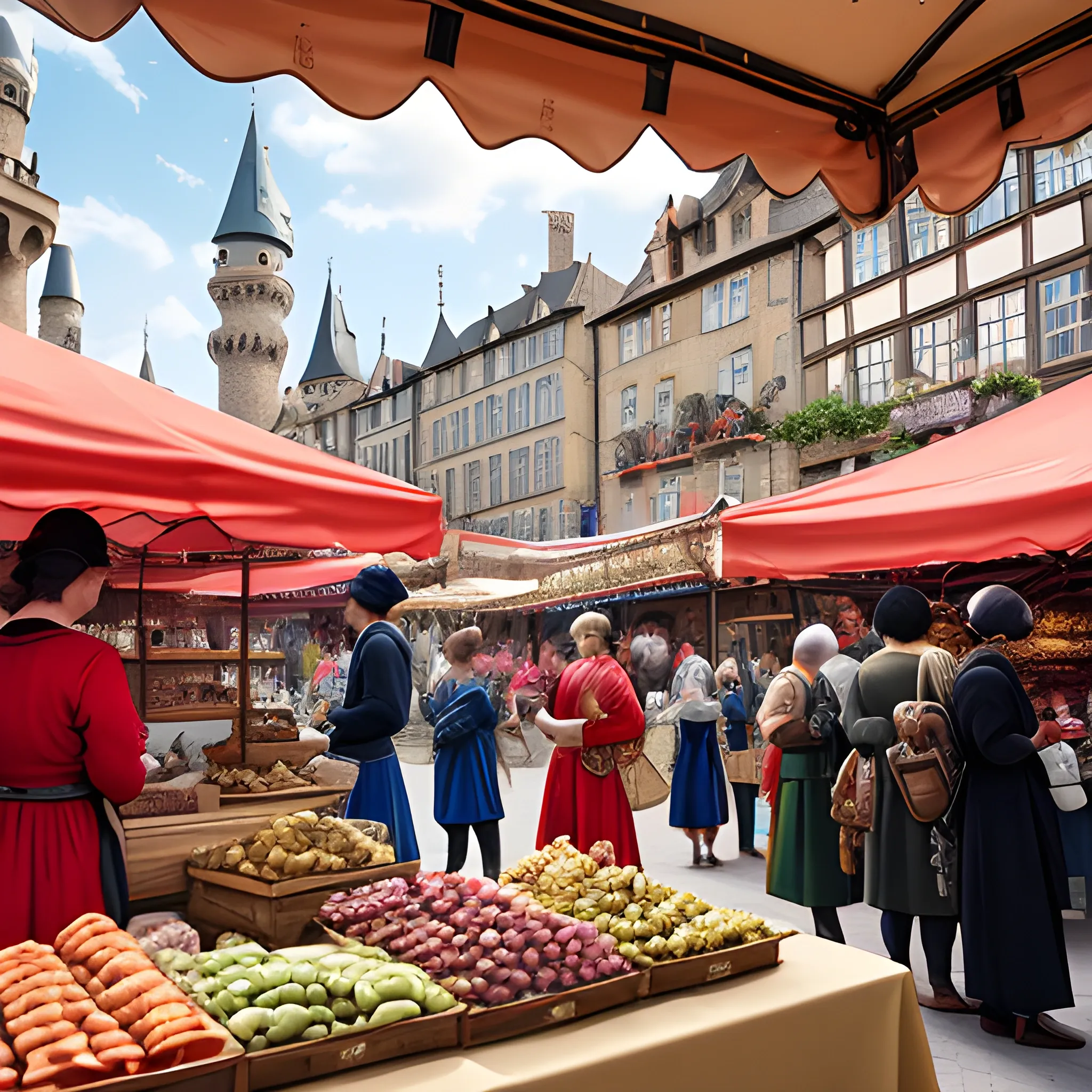 A scene of a royal market as a game event background, showcasing a vibrant market square with a variety of stalls, traders in period attire interacting with customers, set against a backdrop of a majestic castle and a clear sky, capturing the atmosphere and style of European medieval trade, Photography, shot with a Canon EOS 5D Mark IV with a 24-70mm lens, --ar 16:9 --v 5