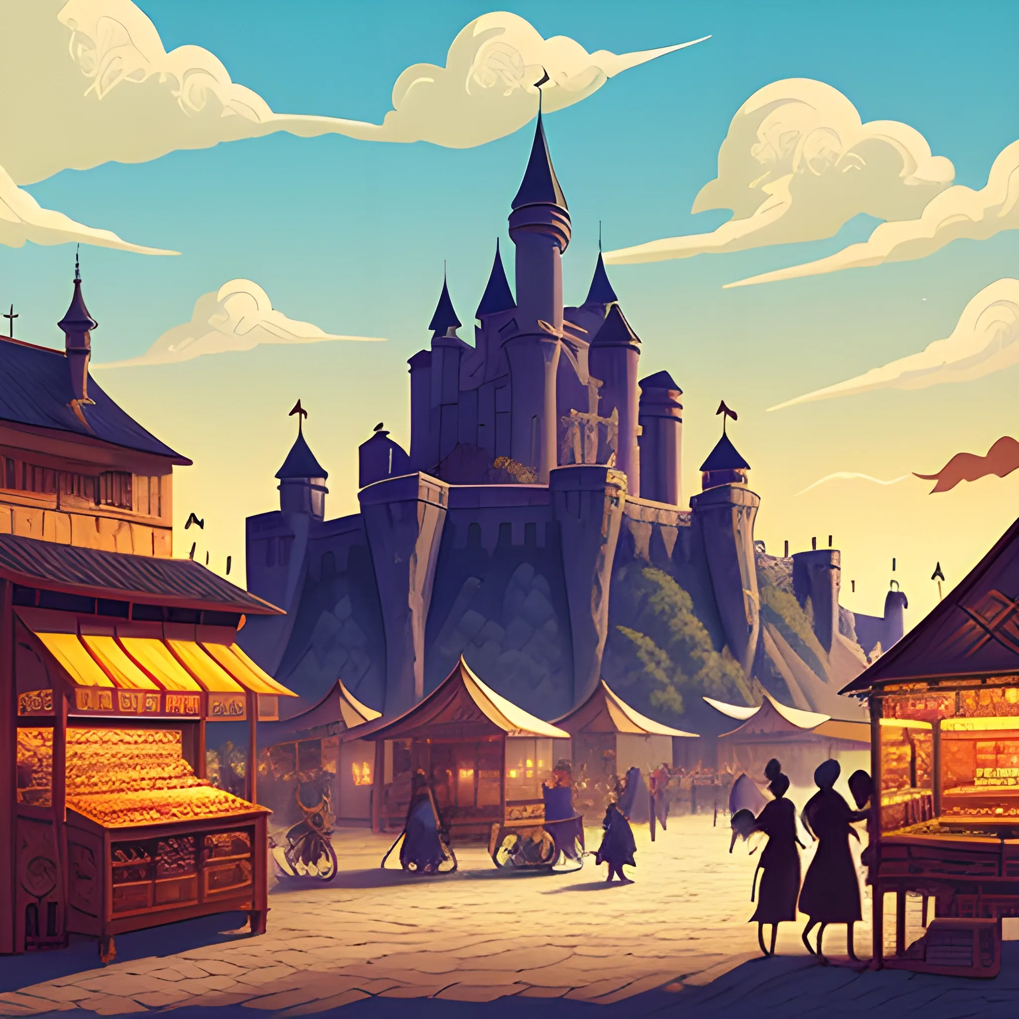 A scene of kingdom trade as a game event background, featuring bustling stalls selling a variety of goods, merchants in silhouette haggling, set against a backdrop of a grand castle and a clear sky, capturing the atmosphere and style of European medieval trade, Illustration, digital art using Adobe Illustrator with a focus on color and detail, --ar 16:9 --v 5