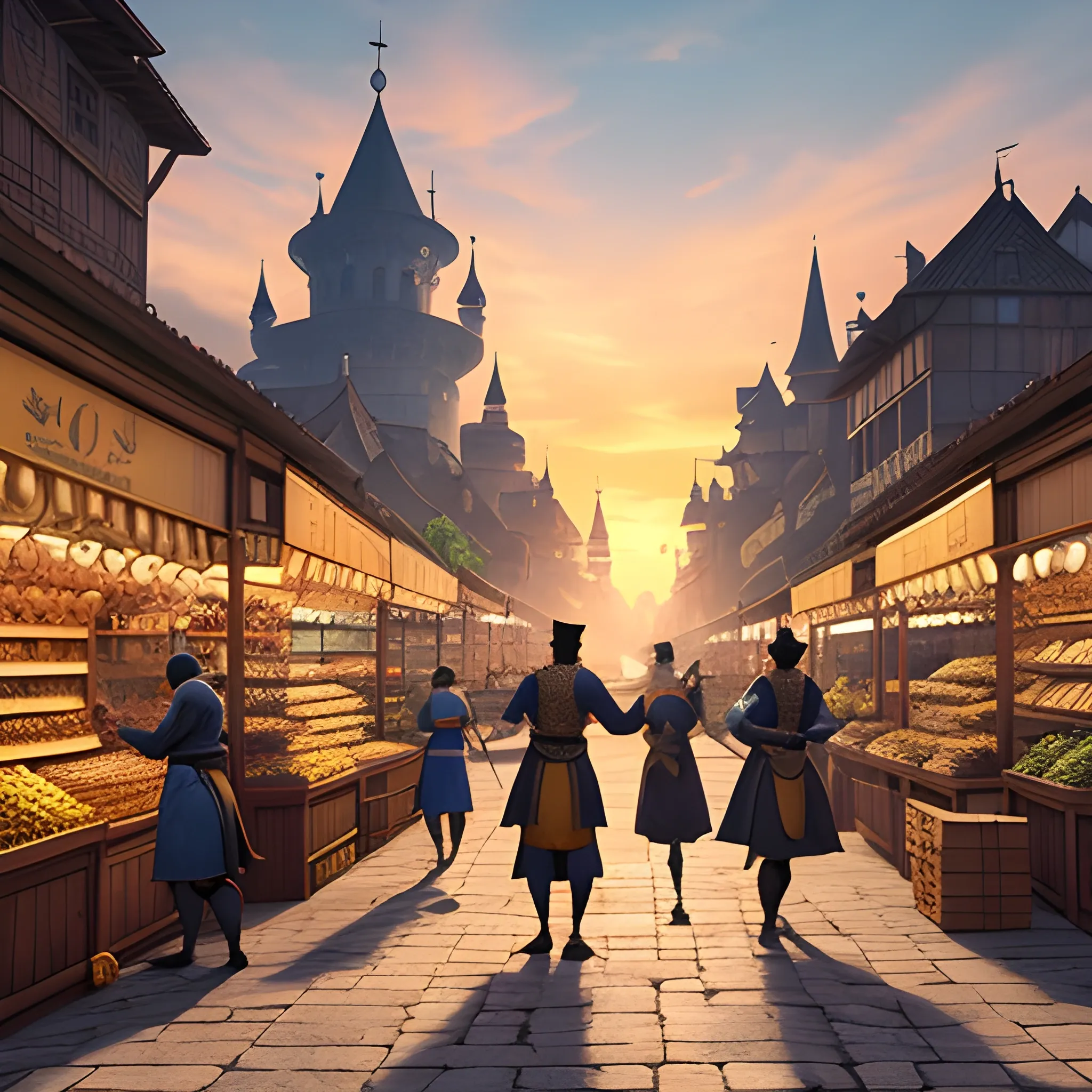 A scene of kingdom trade as a game event background, featuring a bustling market scene with various stalls, merchants in silhouette negotiating deals, set against a backdrop of a grand castle and a rising sun, capturing the atmosphere and style of European medieval trade, 3D Artwork, created using a 3D modeling software with a focus on dynamic lighting and detail, --ar 16:9 --v 5