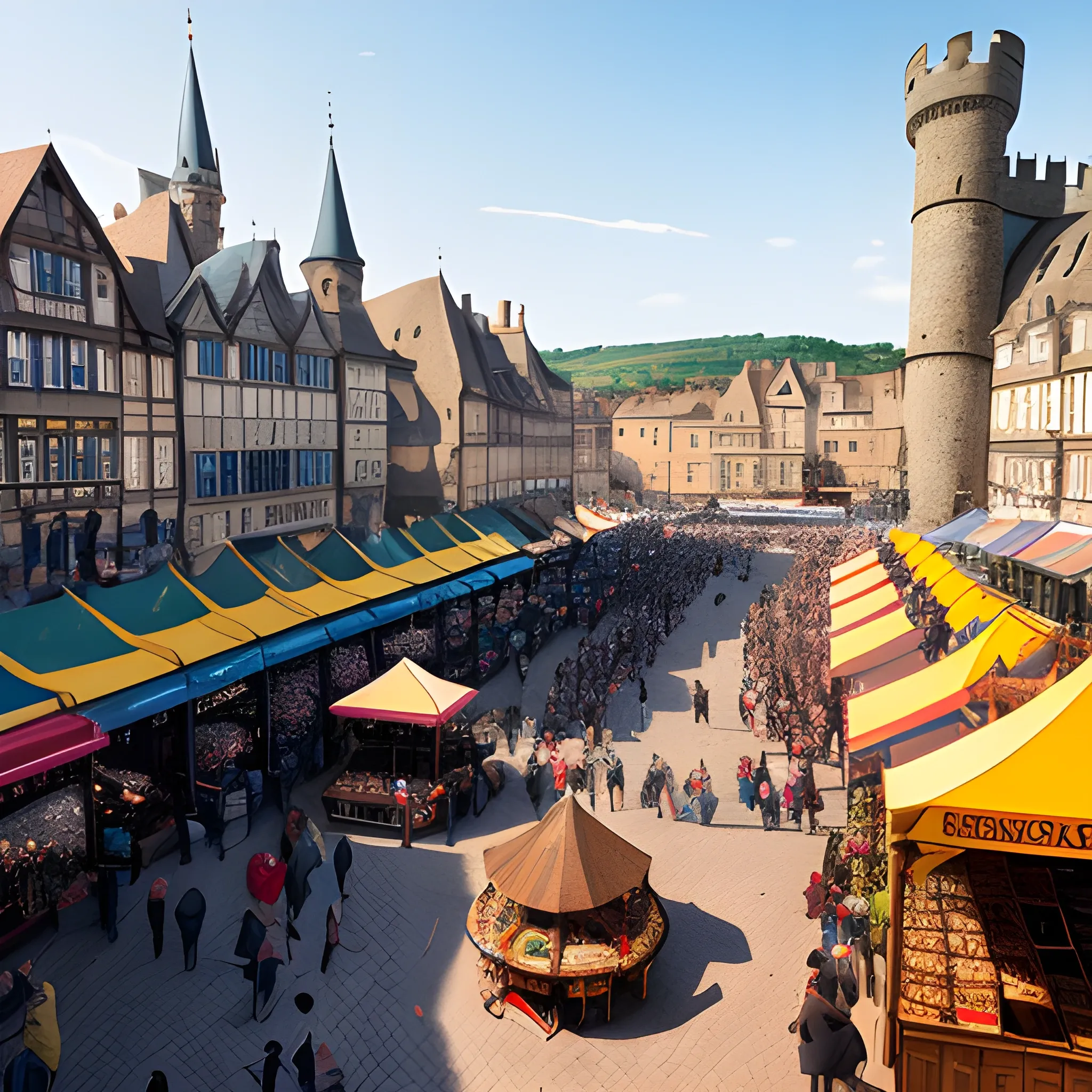 A scene of kingdom trade as a game event background, showcasing a vibrant market square with a variety of stalls, traders in silhouette interacting with customers, set against a backdrop of a majestic castle and a clear sky, capturing the atmosphere and style of European medieval trade, Photography, shot with a Canon EOS 5D Mark IV with a 24-70mm lens, --ar 16:9 --v 5