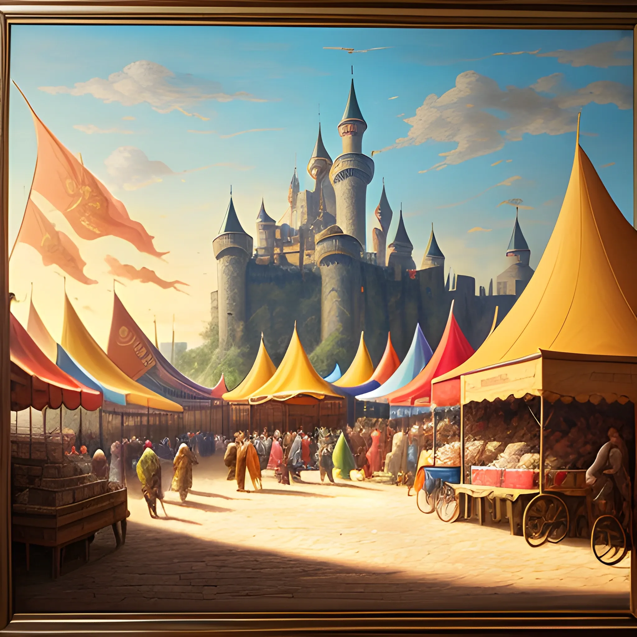 A scene of kingdom trade as a game event background, showcasing a lively market square filled with colorful tents, traders in silhouette showcasing their wares, set against a backdrop of a majestic castle and a setting sun, capturing the atmosphere and style of European medieval trade, Artwork, oil painting on canvas with a focus on texture and light, --ar 16:9 --v 5