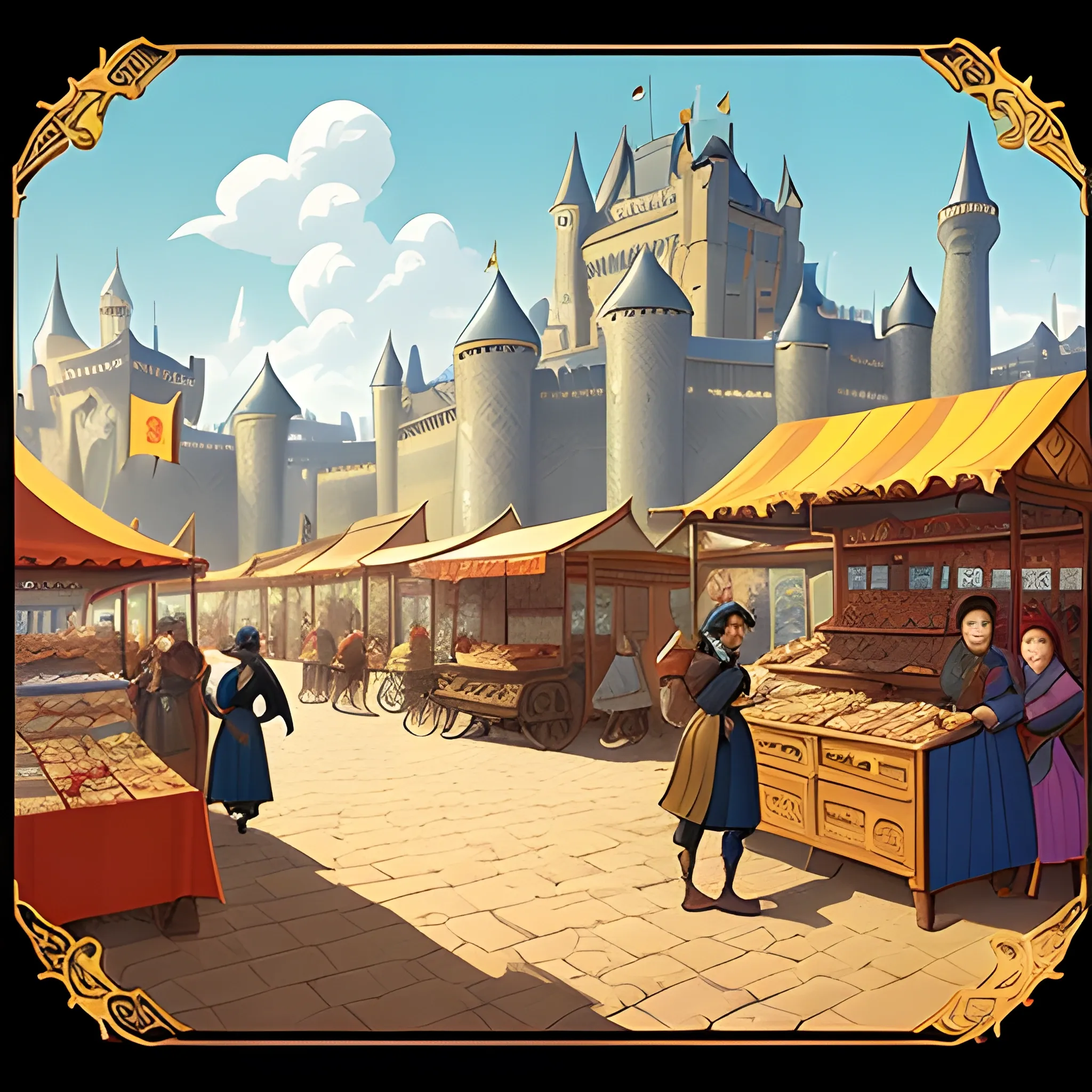 A scene of trade between kingdoms as a mobile game event background, featuring bustling stalls selling a variety of goods, merchants in silhouette haggling, set against a backdrop of grand castles and a clear sky, capturing the atmosphere and style of European medieval royal trade, Illustration, digital art using Adobe Illustrator with a focus on color and detail, --ar 16:9 --v 5