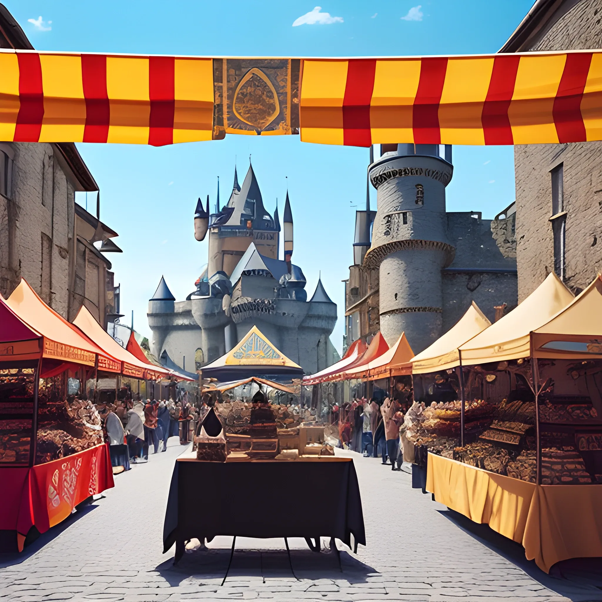 A scene of trade between kingdoms as a mobile game event background, showcasing a vibrant market square with a variety of stalls, traders in silhouette interacting with customers, set against a backdrop of majestic castles and a clear sky, capturing the atmosphere and style of European medieval royal trade, Photography, shot with a Canon EOS 5D Mark IV with a 24-70mm lens, --ar 16:9 --v 5