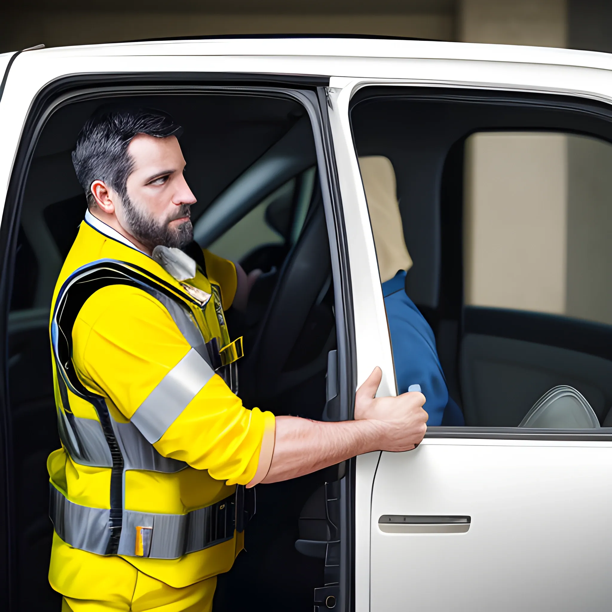 a man with yellow safty vest opens the door of car for another man, high detail, photograph