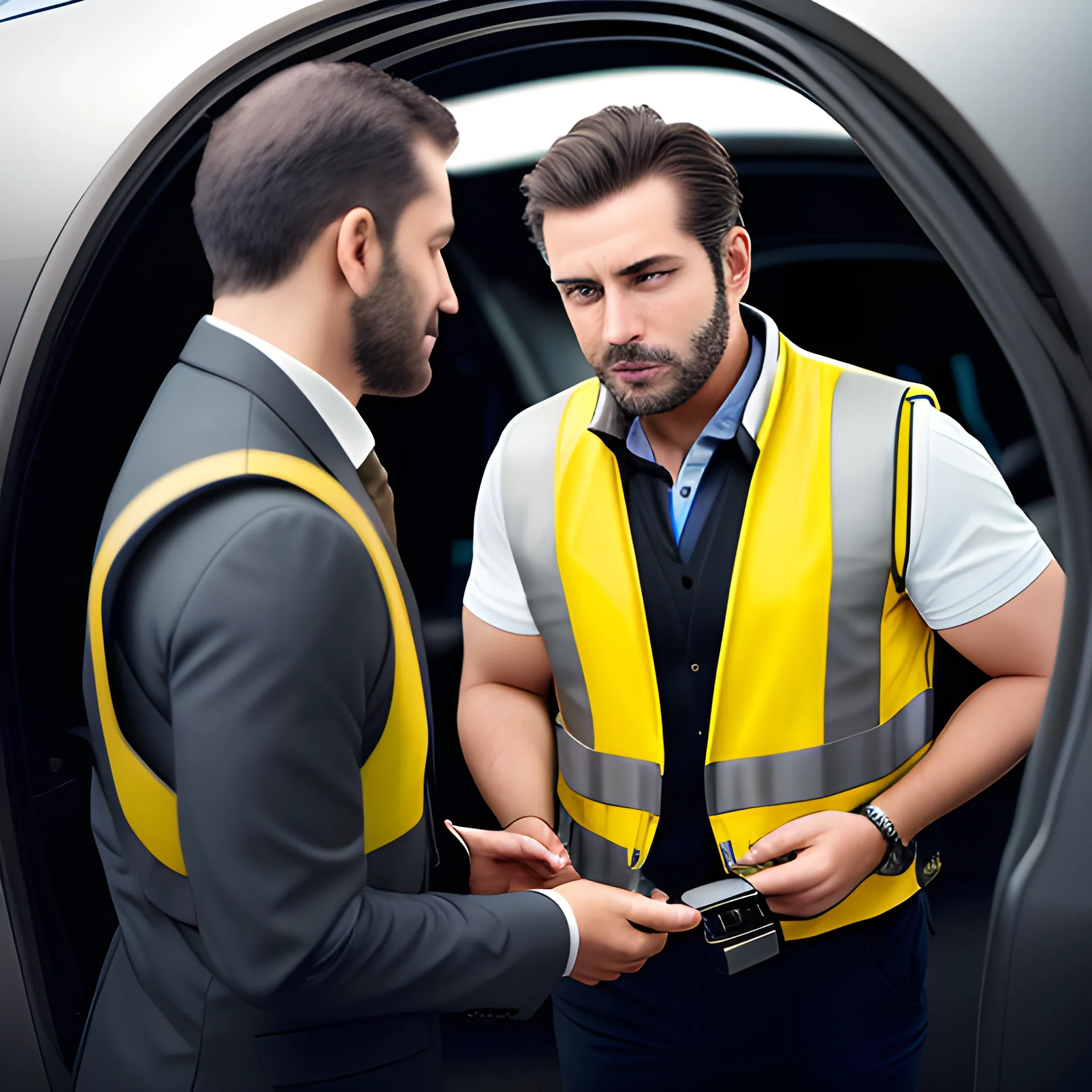 a man with yellow safty vest an identity badge opens the door of luxury car for another man, high detail, photograph