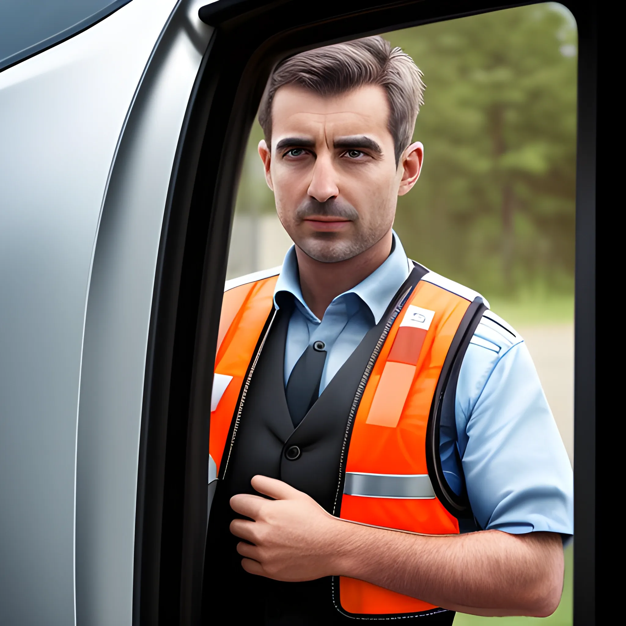 a man with safty vest opens the door of car for another man,identity badge on vest, car, BMW, high detail, photograph