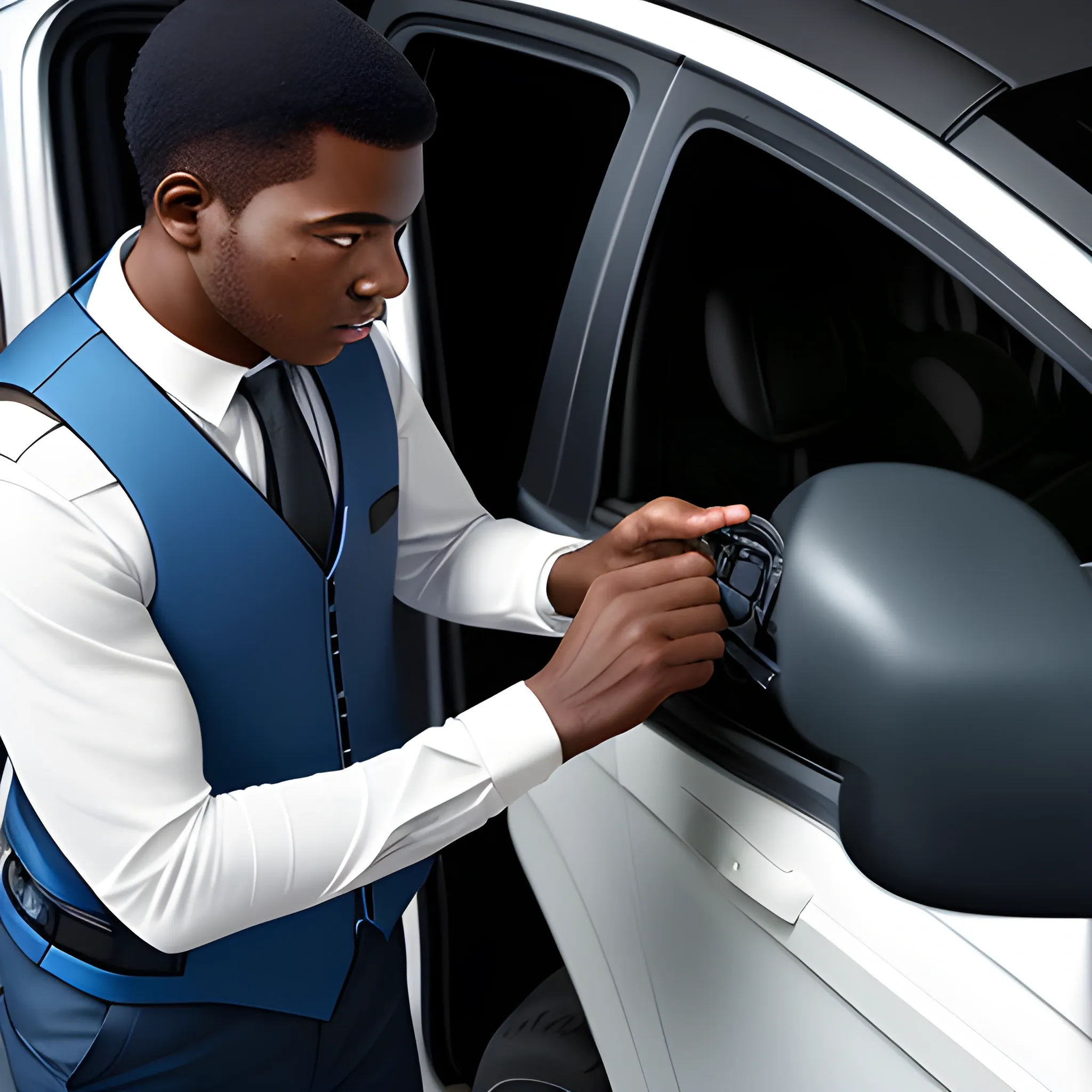 a man with safty vest opens the door of car for a black skin man with suit, the man ho opens the door has an identity badge on his vest, entier car, BMW, high detail, photograph