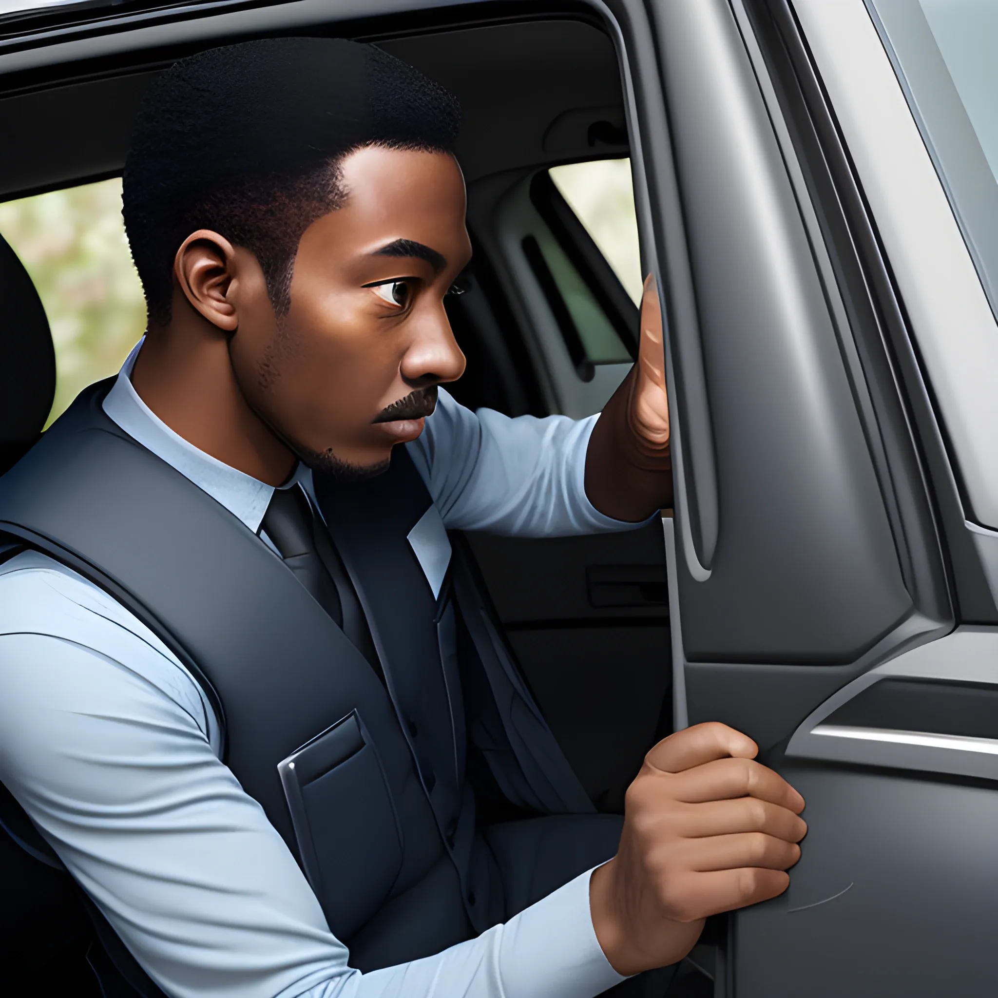 a man with safty vest opens the door of car for a black skin man with suit, the man ho opens the door has an identity badge on his vest, sedan car, high detail, photograph