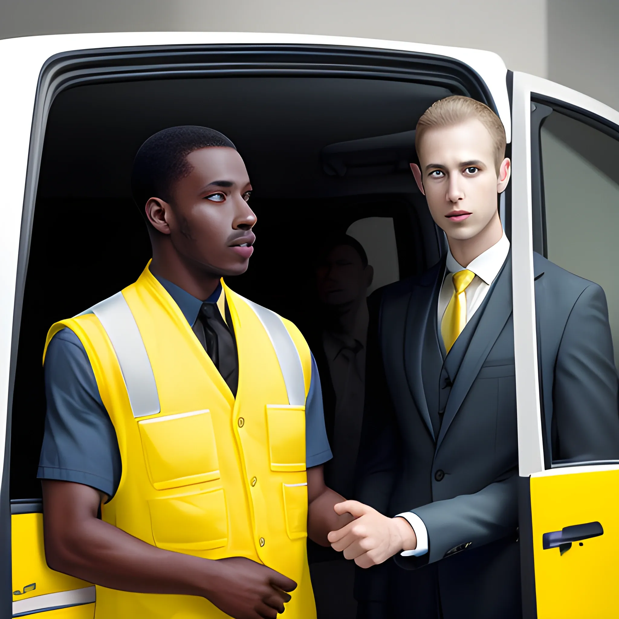 a white skin man with yellow safty vest opens the door of car, another black skin man with suit stands in front of the car, the man who opens the door has an identity badge on his vest, sedan car, high detail, photograph