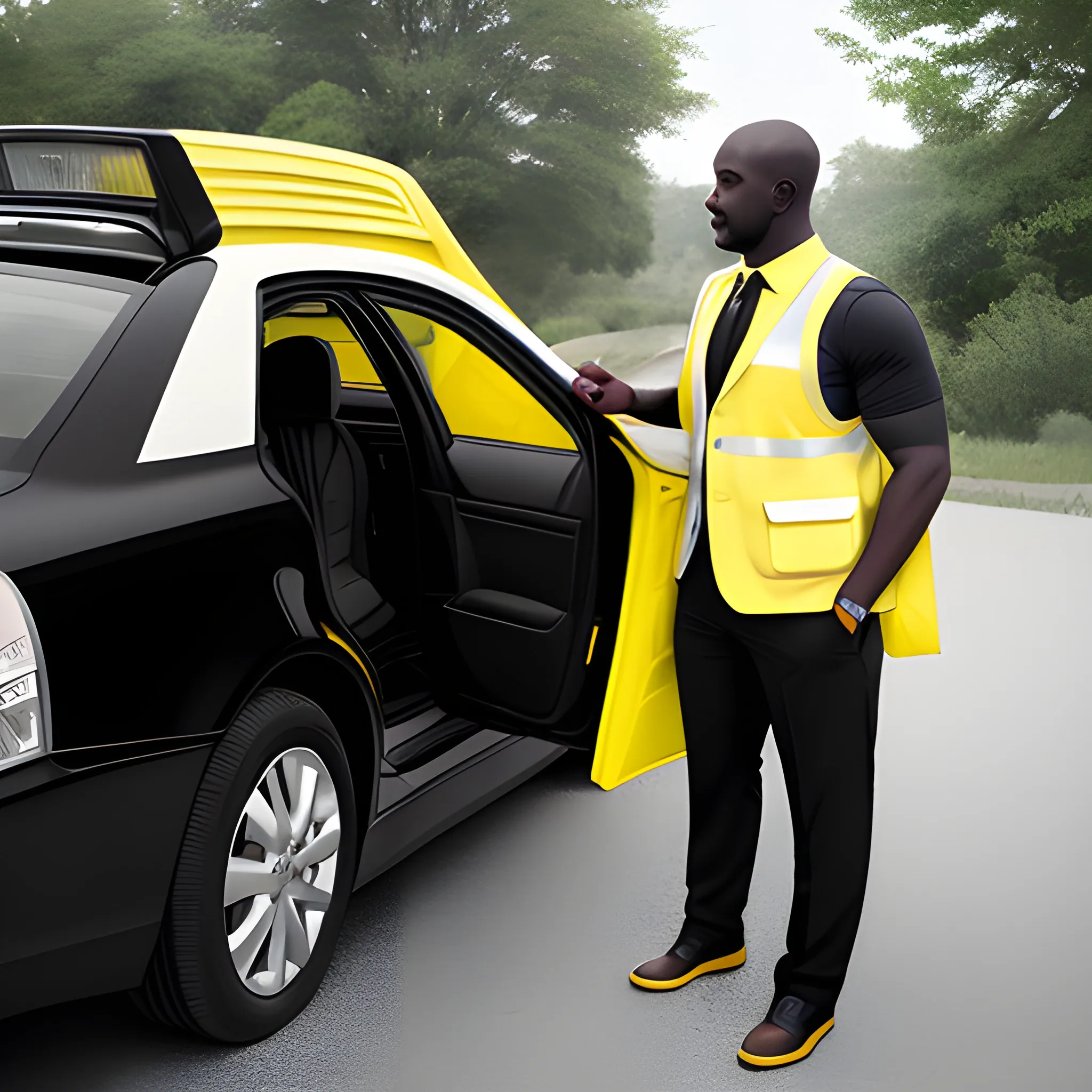 a white skin man with yellow safty vest opens the door of car, another black skin man with suit stands in front of the sedan car, the man who opens the door has an identity badge on his vest, car, high detail, photograph