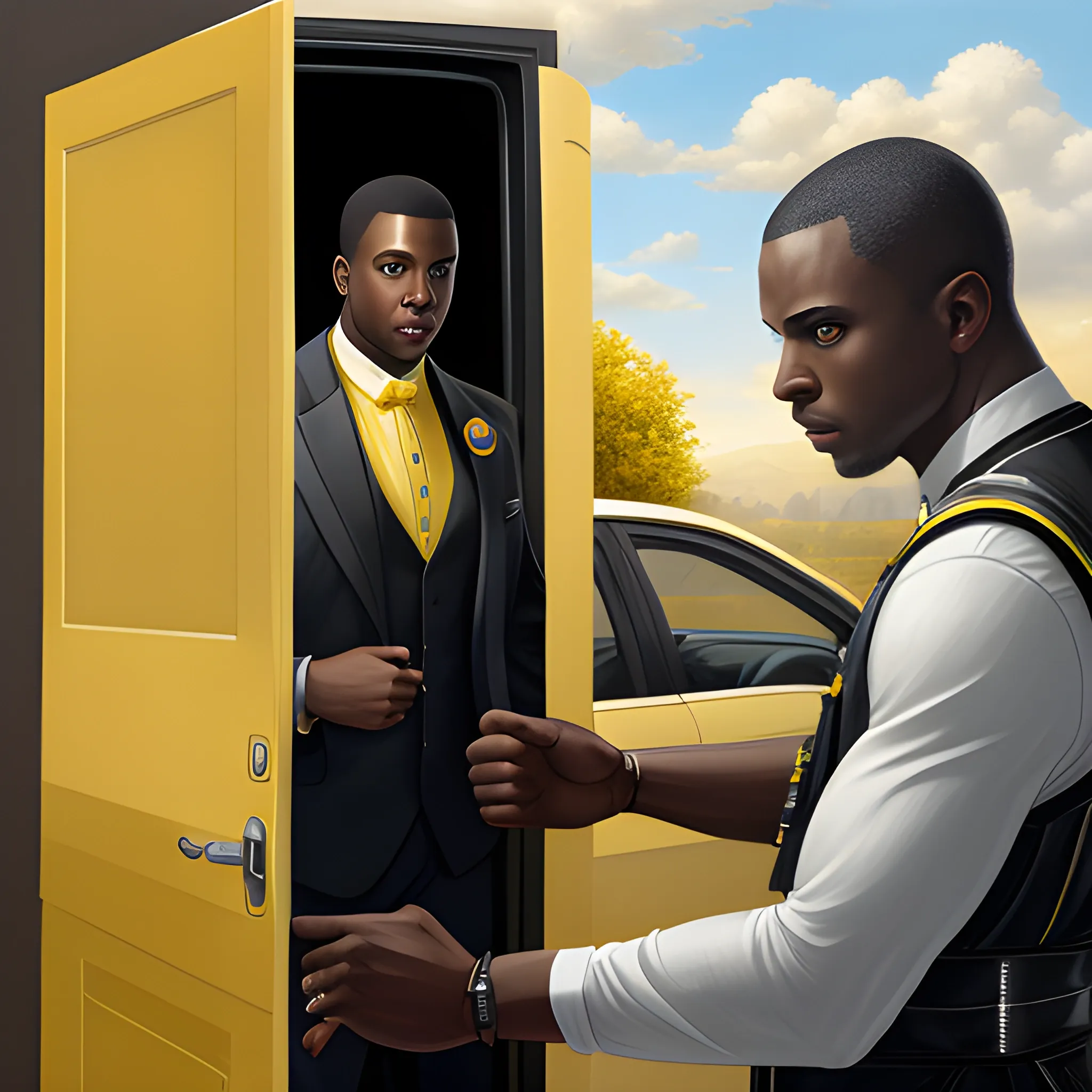 a white skin man with yellow safty vest opens the door of car, another black skin man with suit stands in front of the sedan car, the man who opens the door has an identity badge on his vest, car, high detail, an oil painting by ross tran and thomas kincade

