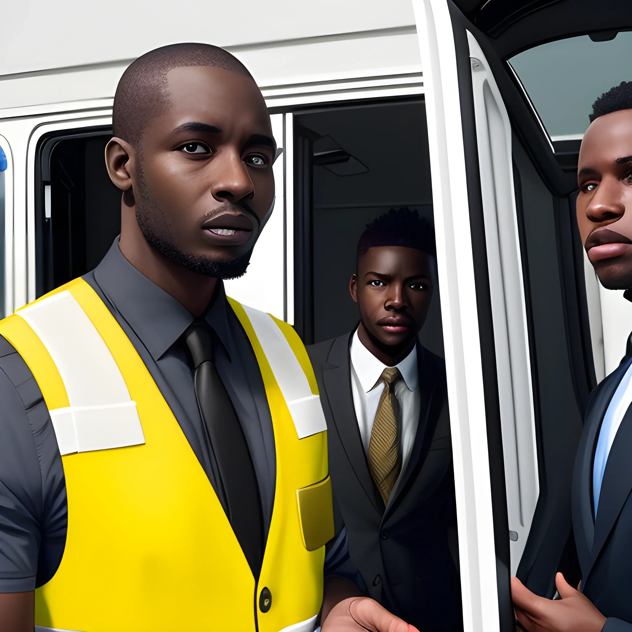 a white skin man with yellow safty vest opens the door of car, another black skin man with suit stands in front of the bmw serie 5 car, the man who opens the door has an identity badge on his vest, car, high detail, photograph