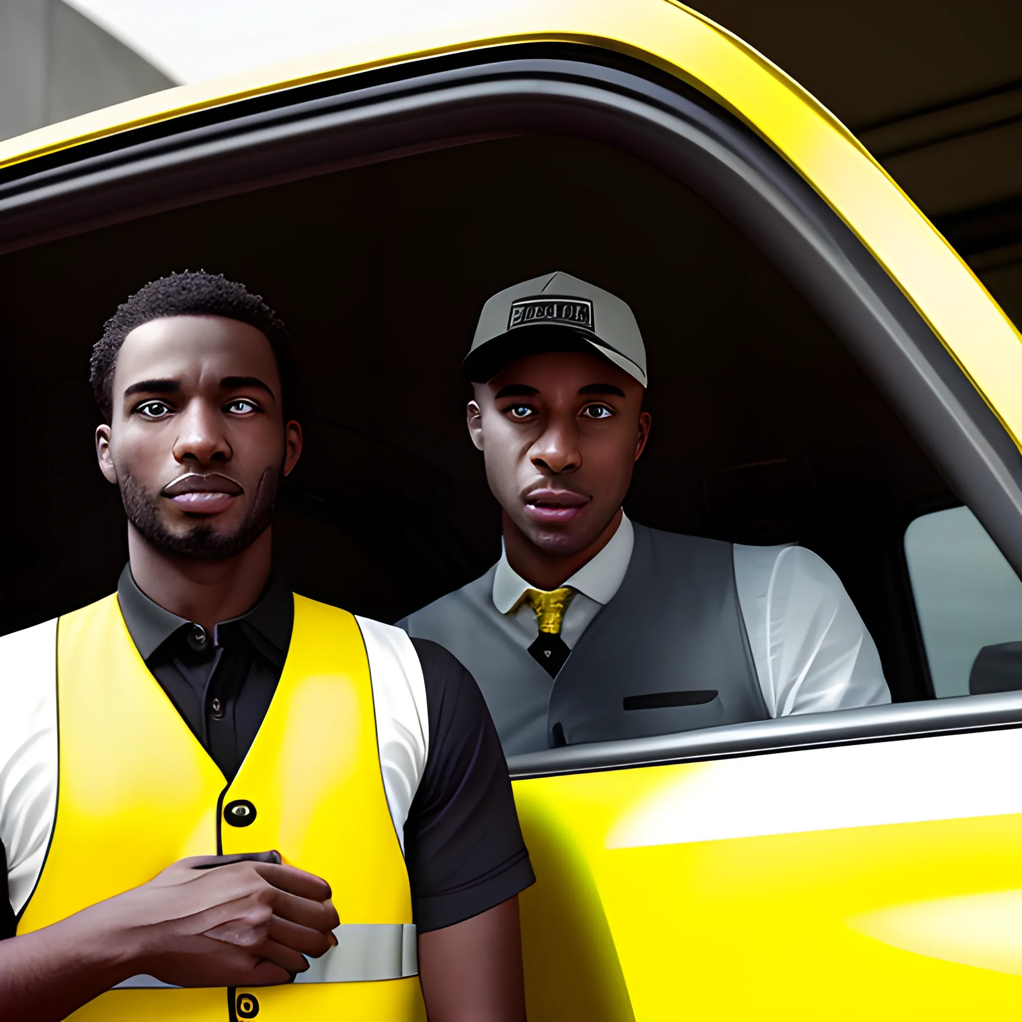 portrait of a white skin man with yellow safty vest opens the door of car, another black skin man with suit stands in front of the bmw serie 5 car, the man who opens the door has an identity badge on his vest, car, high detail, photograph