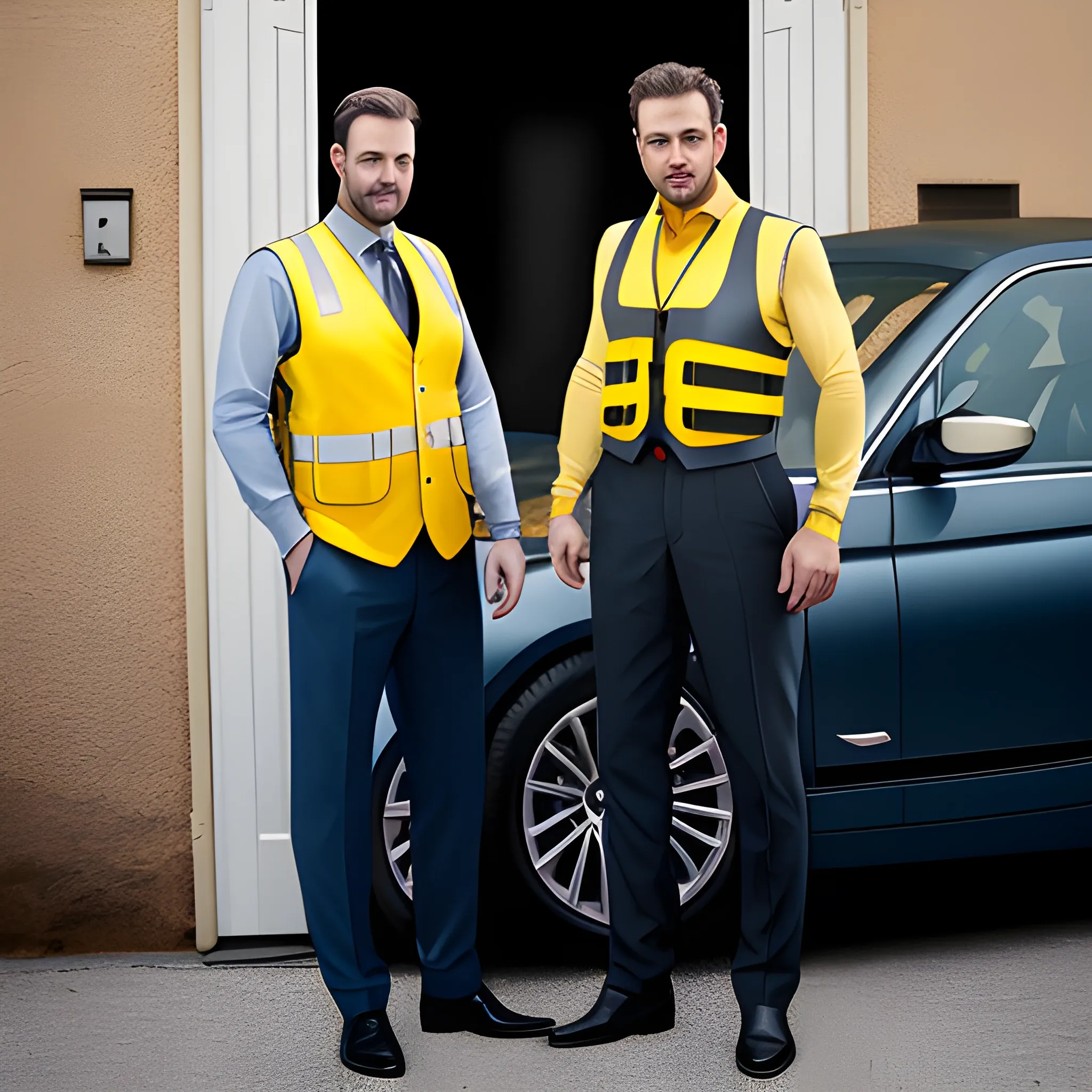 portrait of a man with yellow safty vest opens the door of car, another man with suit stands in front of the bmw serie 5 car, the man who opens the door has an identity badge on his vest, car, high detail, photograph