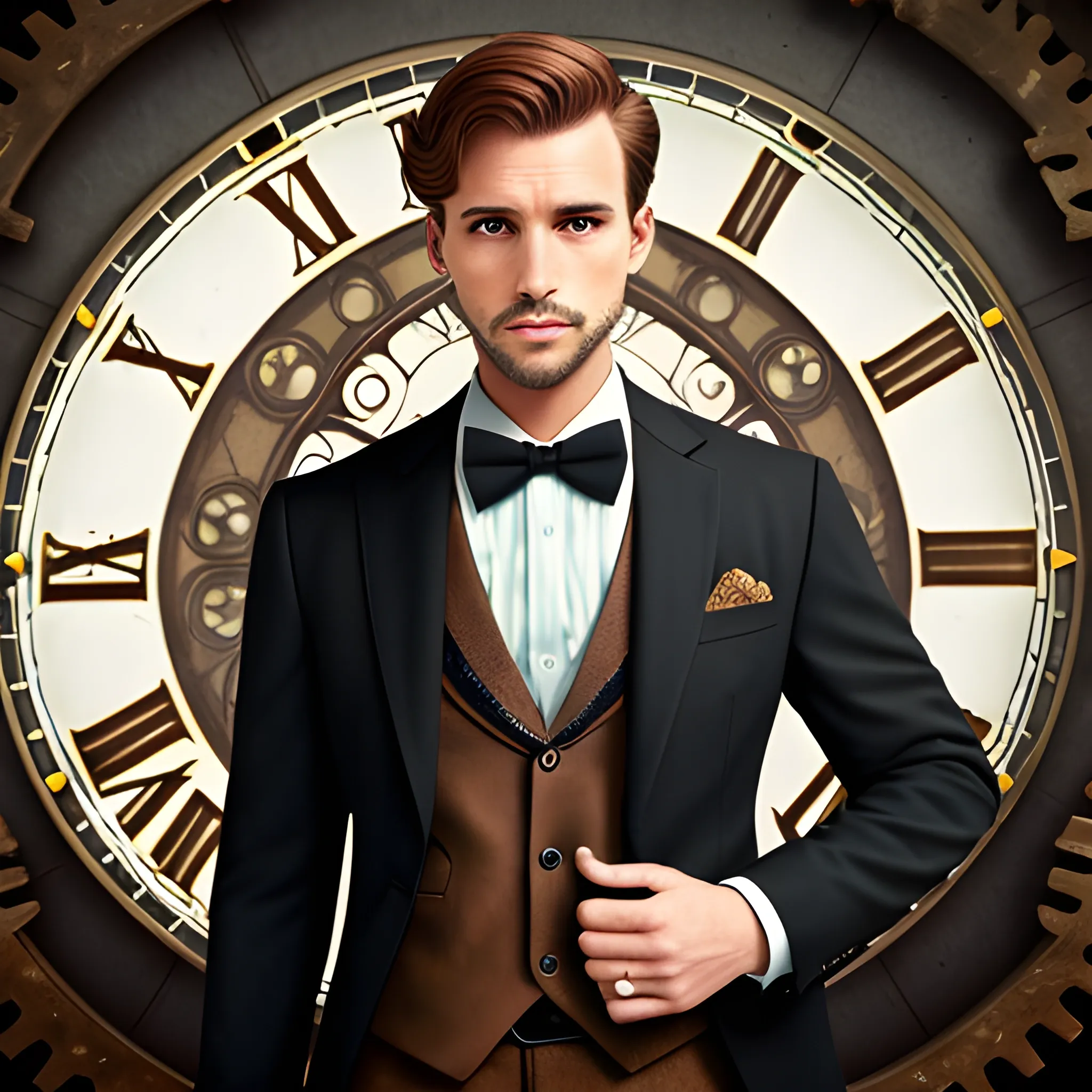 a man in a suit standing in front of a clock with his hands on his hips, solo, looking_at_viewer, brown_hair, shirt, 1boy, bow, standing, full_body, male_focus, shoes, belt, pants, indoors, bowtie, coat, black_bow, facial_hair, black_pants, formal, suit, black_bowtie, realistic, hands_in_pockets, traditional_bowtie, gears, steampunk