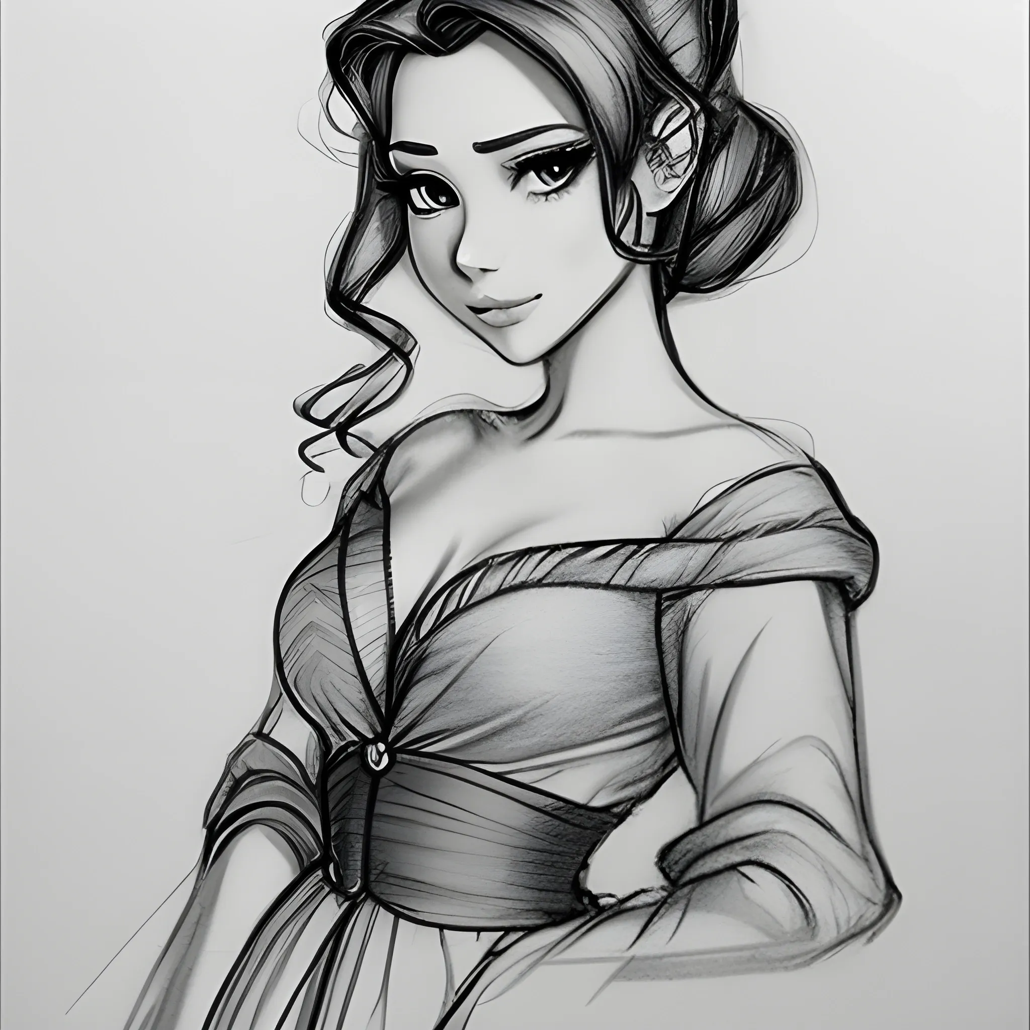 Disney Princess, with seductive face, suggestive pose, and silk clothes, , Pencil Sketch