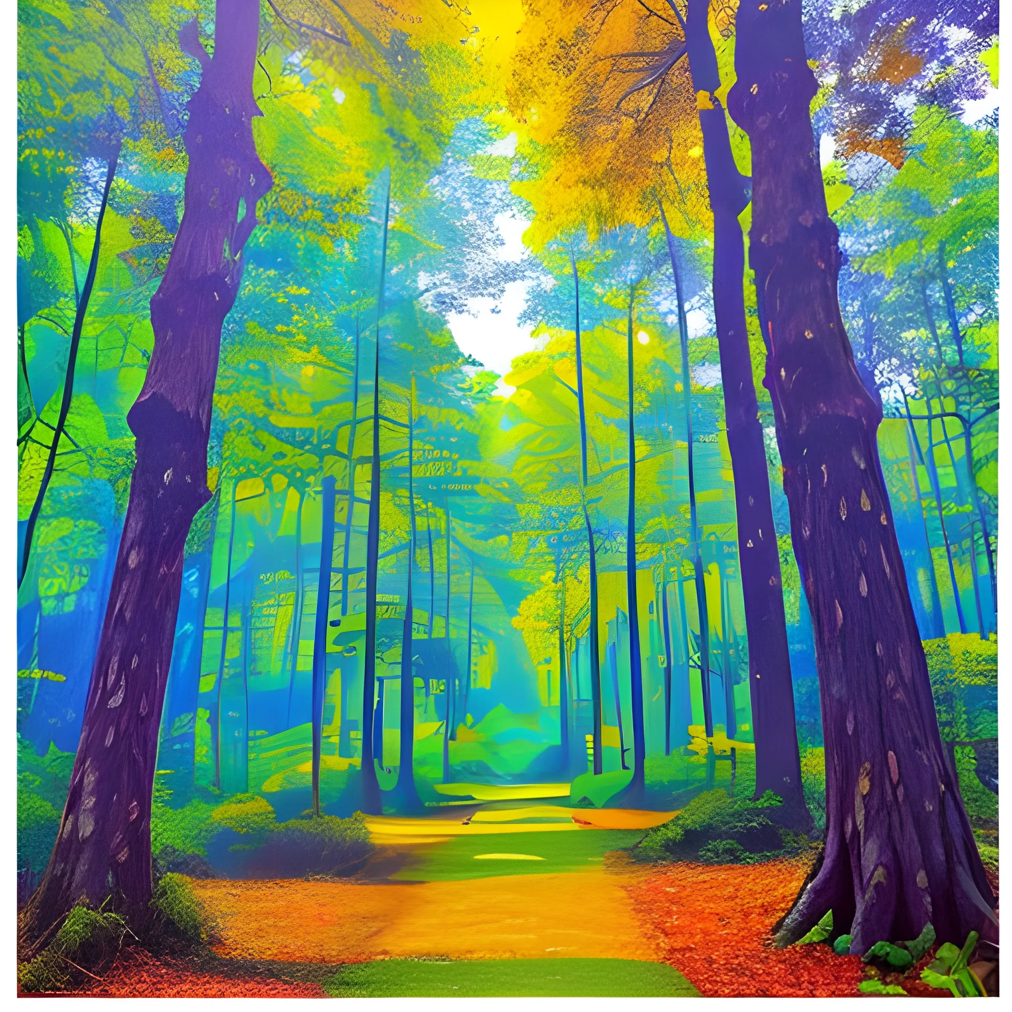 very beautiful forest coloring, blue, yellow, green, purple, orange,,red, book page