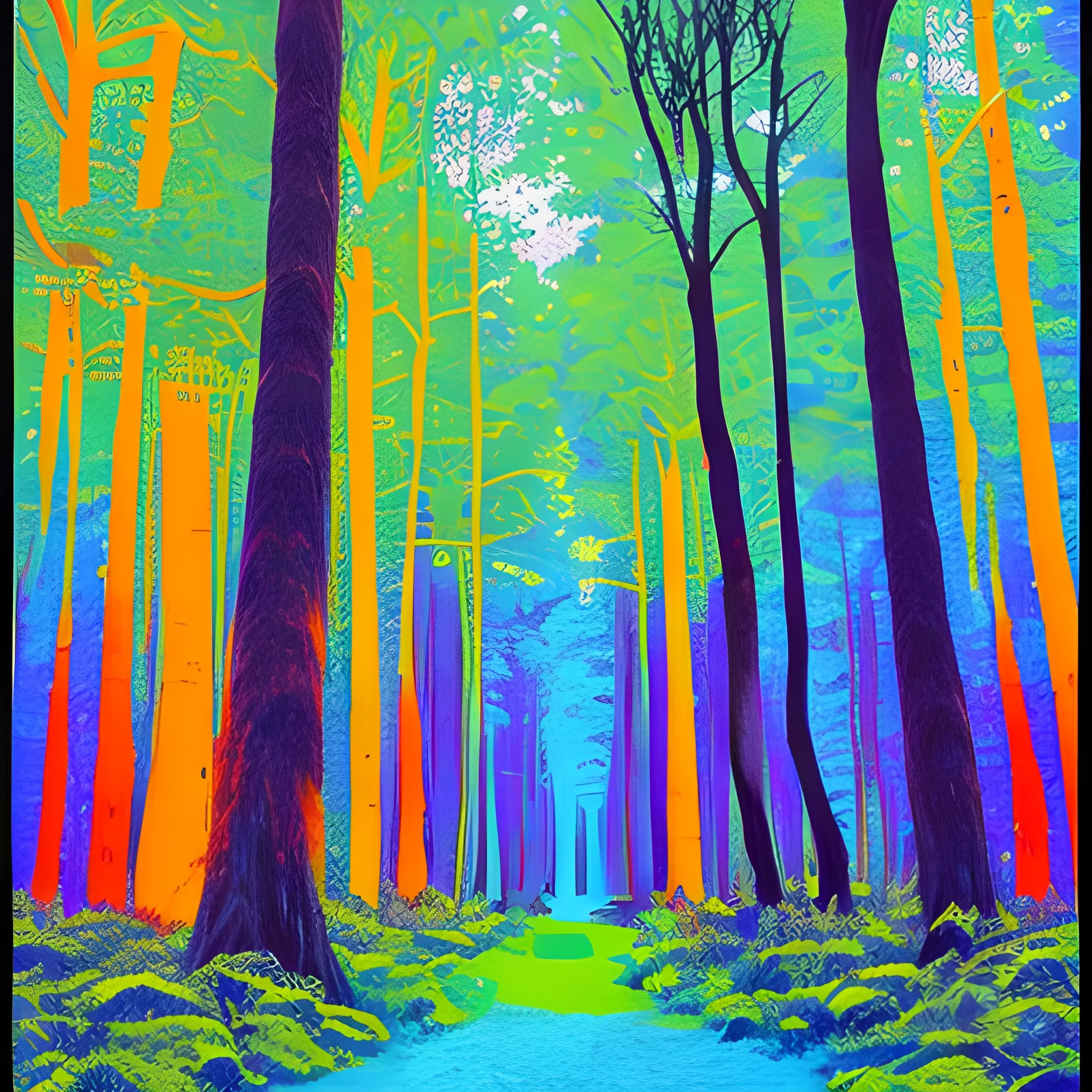 very beautiful forest coloring, blue, yellow, green, purple, orange,,red, book page, Trippy