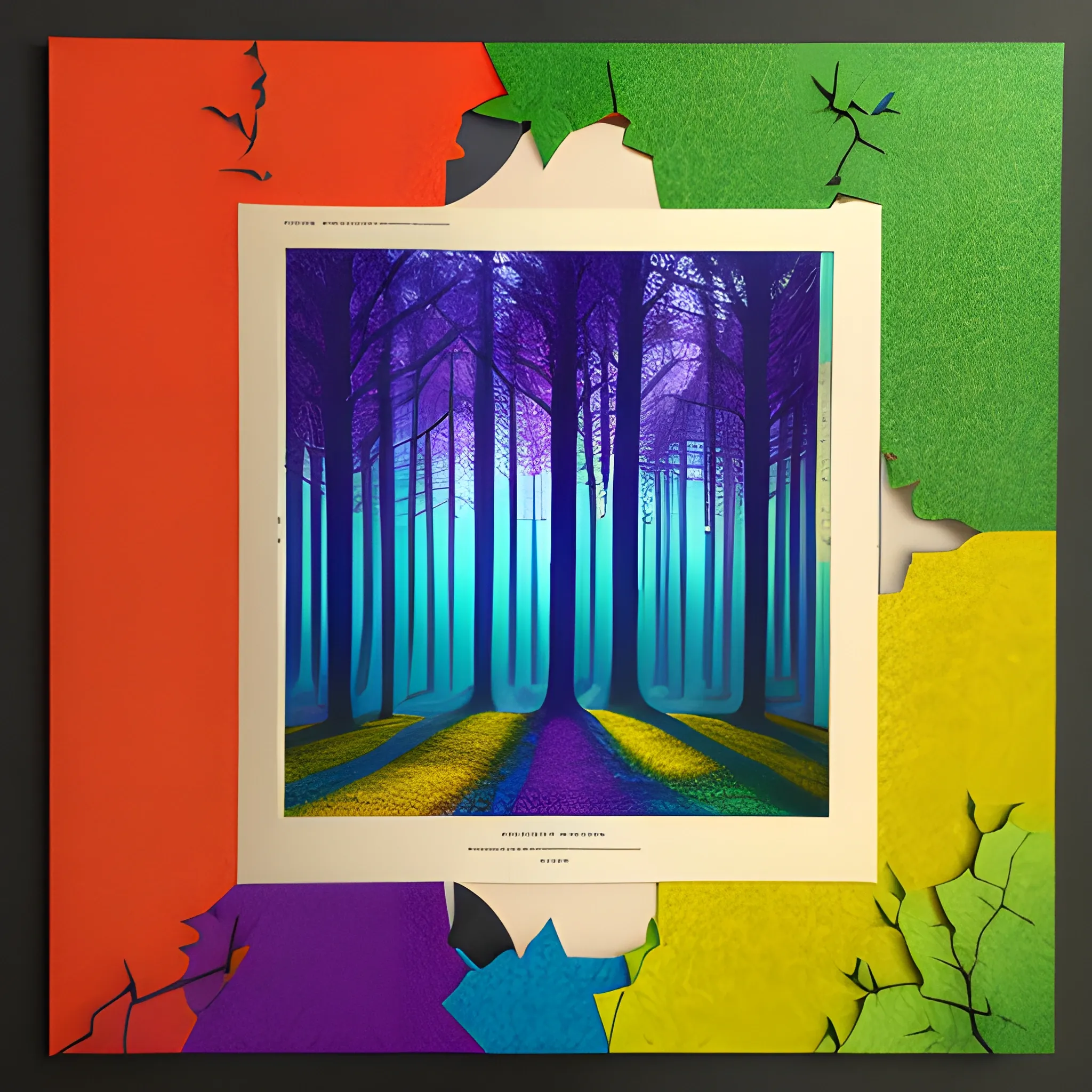 very beautiful forest coloring, blue, yellow, green, purple, orange,,red, book page, , 3D