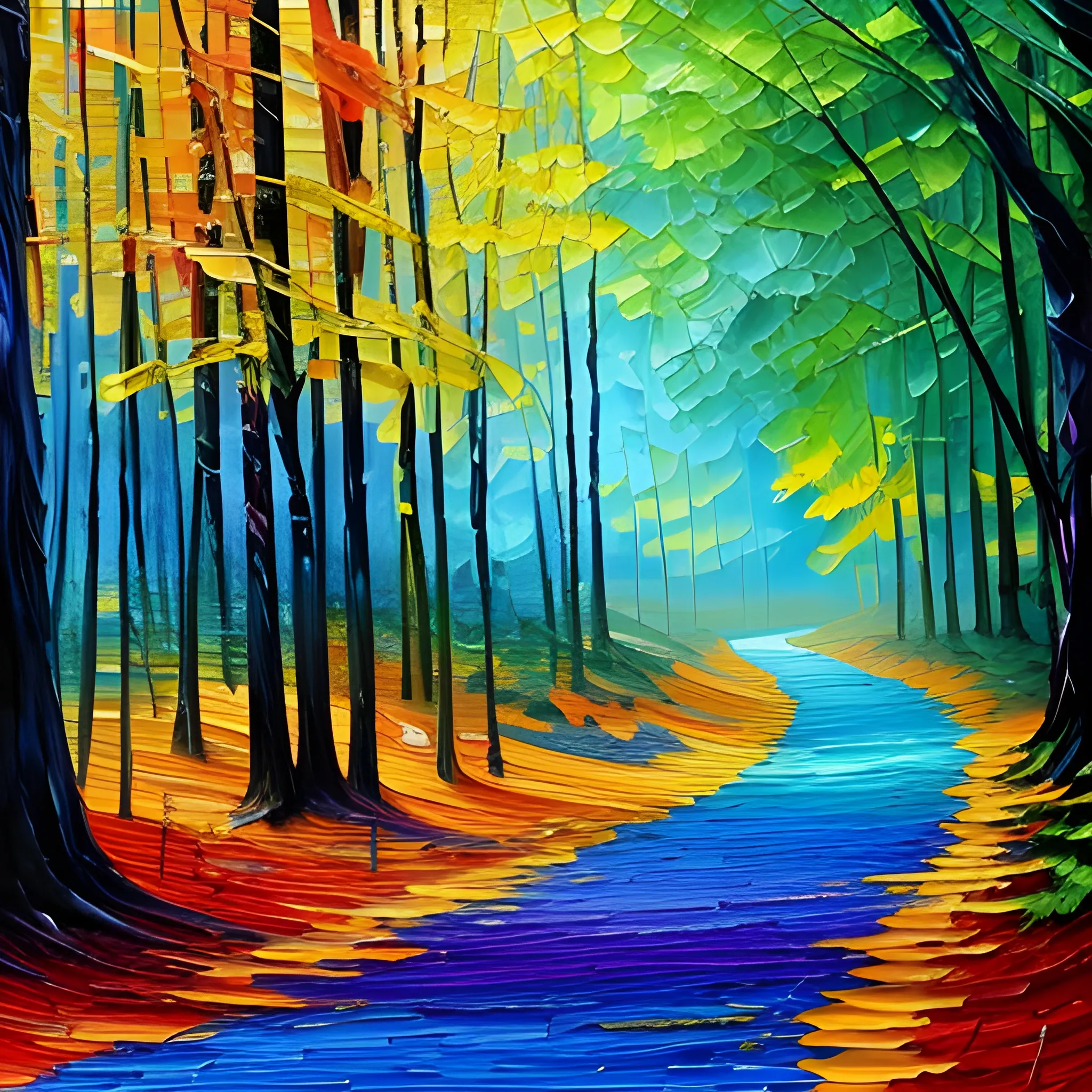 very beautiful forest coloring, blue, yellow, green, purple, orange,,red, book page, Oil Painting