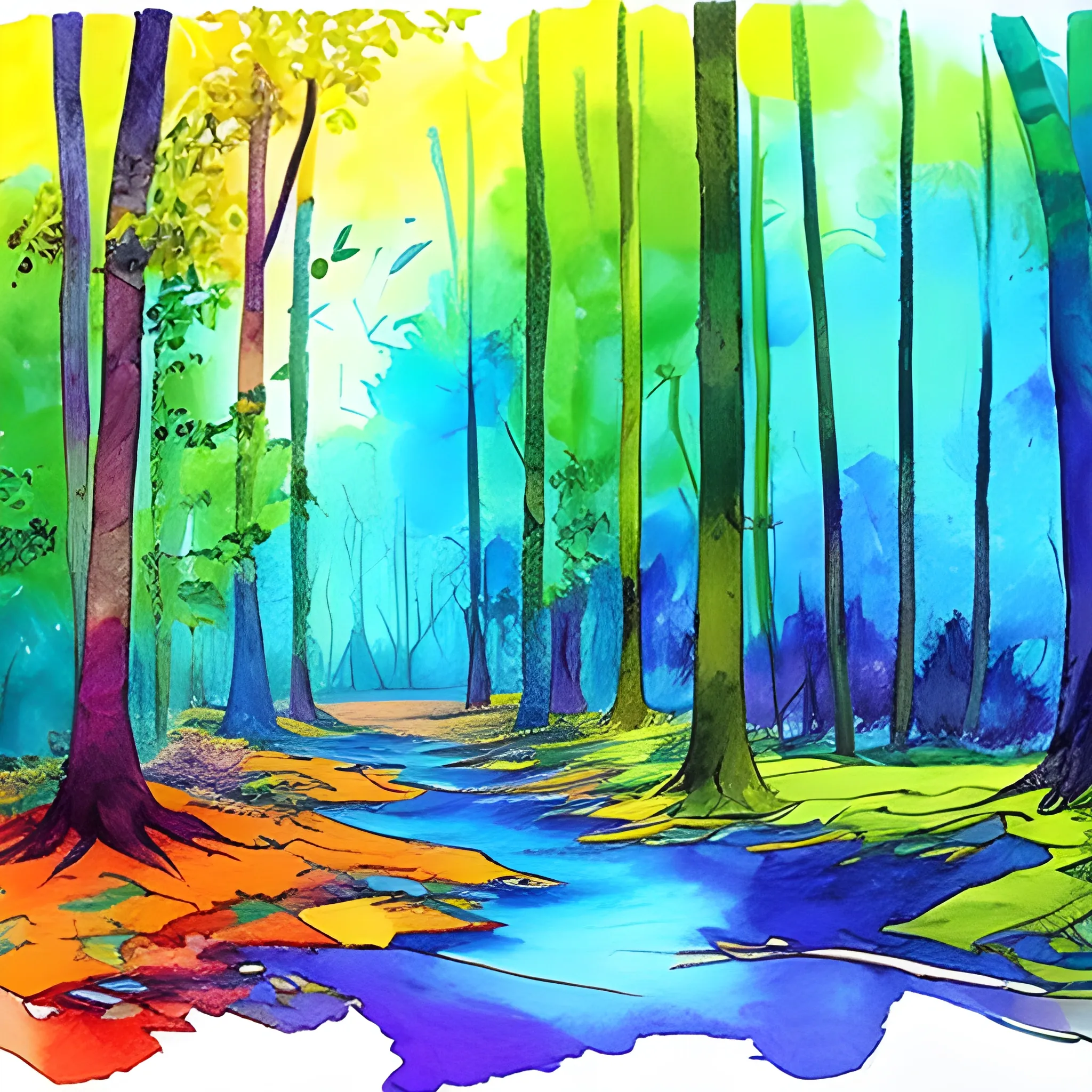 very beautiful forest coloring, blue, yellow, green, purple, orange,,red, book page, Water Color
