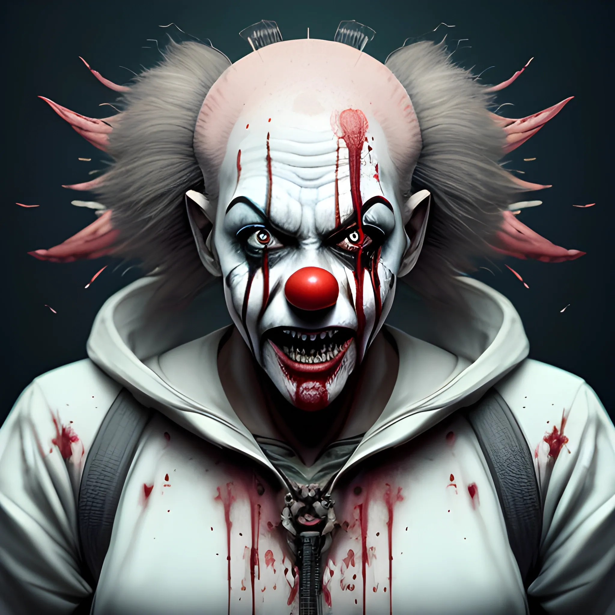 evil sticker by kyoto animation, very very evil clown, big red clown nose, sadistically painted clown face, wearing butchers apron carrying a bloodied head and butchers cleaver, horrifying, detailed portrait, intricate complexity, ilya kuvshinov, cell shaded, 4k, concept art, by wlop, ilya kuvshinov, artgerm, krenz cushart, greg rutkowski, sharp focus, volumetric lighting, cinematic lighting, studio quality, in 4D rendering style (3DMM_V12) with the mdjrny-v4 style, depicting a mystifying and dark atmosphere with a touch of --chaos 90." "opl, red, ultra hd, realistic, vivid colors, highly detailed, UHD drawing, pen and ink, perfect composition, beautiful detailed intricate insanely detailed octane render trending on artstation, 8k artistic photography, photorealistic concept art, soft natural volumetric cinematic perfect light --q 99 --testp --chaos 90", oni style, biopunk style, <lora:pretopasin_resized:0.800000>, , <lora:xl_more_art-full-beta2:0.800000>, , <lora:biopunk_xl:0.800000>, Pencil Sketch