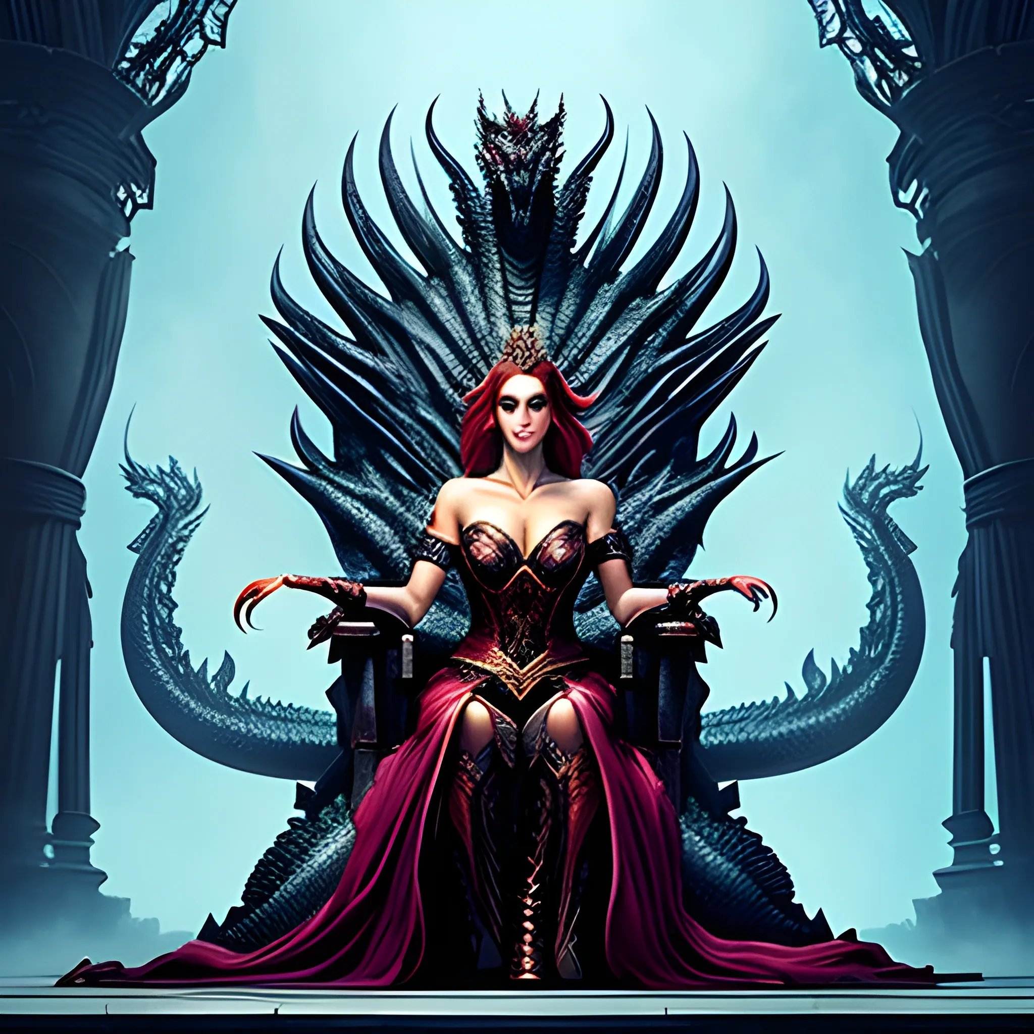 Beautiful A girl sitting on the throne with a dragon behind her, unreal style, fantasy