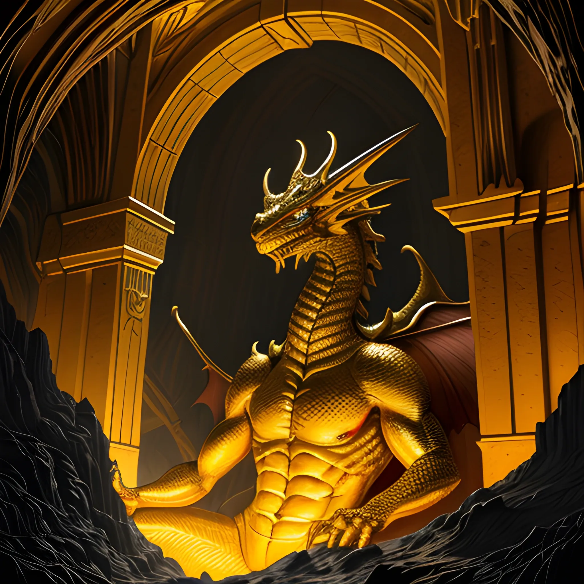 a massive non-metallic gold colored western dragon, highly detailed head and body, long neck and long tail, folded wings,   laying coiled a top his enormous pile of millions of gold coins, inside a dark cave lit from above by a beam of light from a hole in the ceiling,  small arched doorway in the back of the cavern, cinematic, vivid colors, trending on artstation, matte painting, Clyde Caldwell, Greg Rutkowski illustration medieval fantasy,  <lora:sunAndShadow_v10:0.7>
