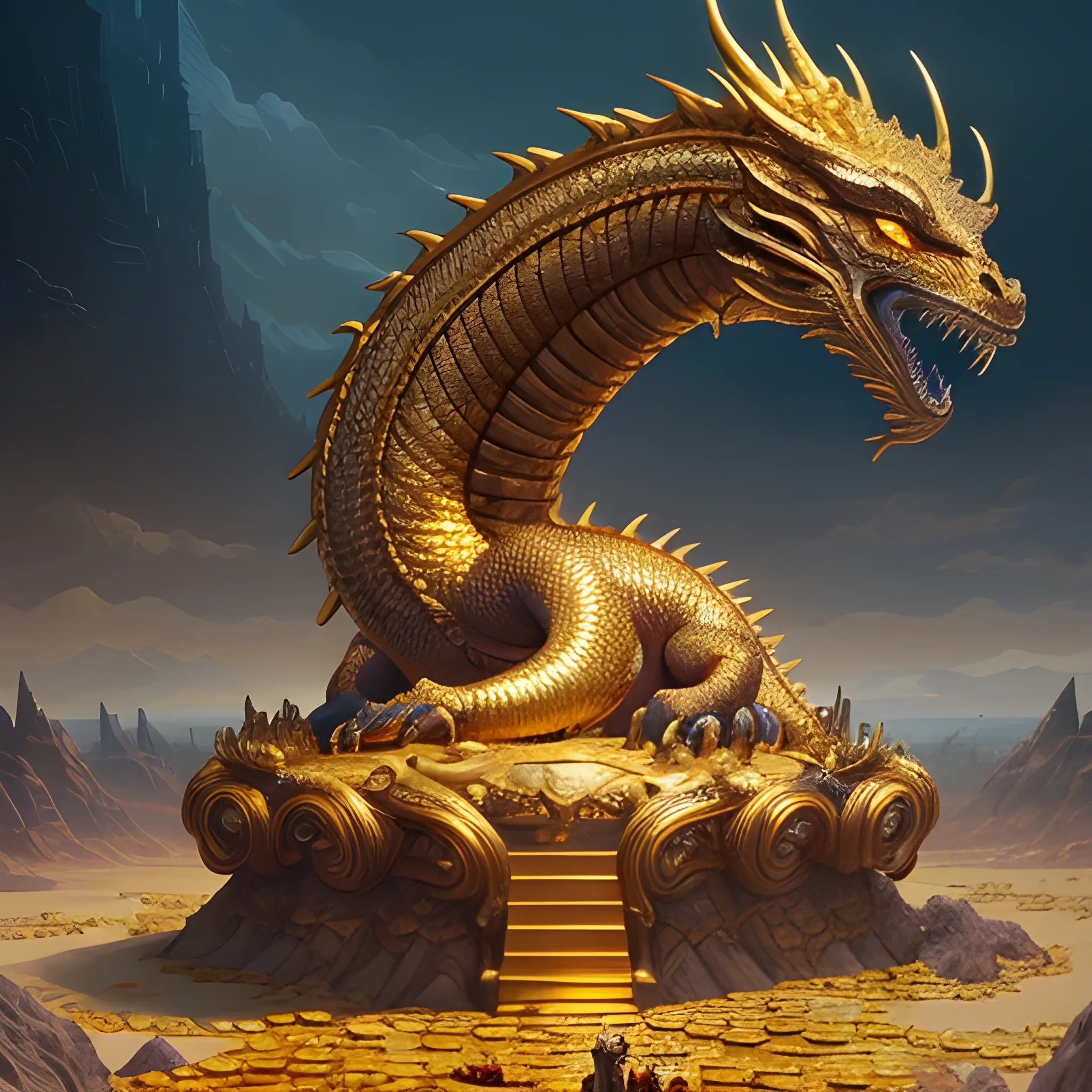 a massive gold dragon, lays sleeping, coiled up on top of an enormous pile of millions of gold coins.   cinematic, vivid colors, trending on artstation, matte painting, Clyde Caldwell, Greg Rutkowski illustration medieval fantasy,  <lora:sunAndShadow_v10:0.7>