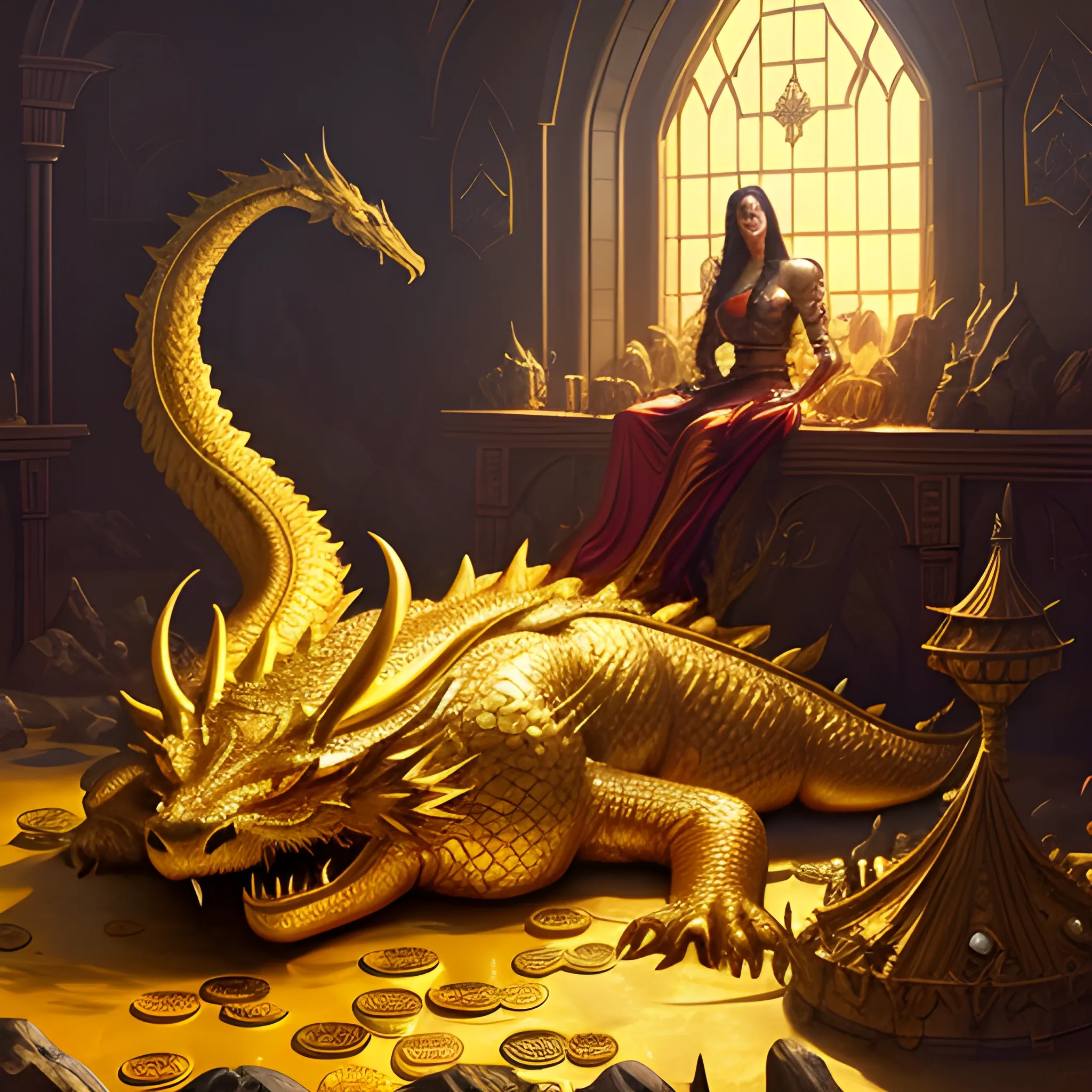 a massive gold dragon, lays sleeping, on top of an enormous pile of gold coins.   cinematic, vivid colors, trending on artstation, matte painting, Clyde Caldwell, Greg Rutkowski illustration medieval fantasy,  <lora:sunAndShadow_v10:0.7>