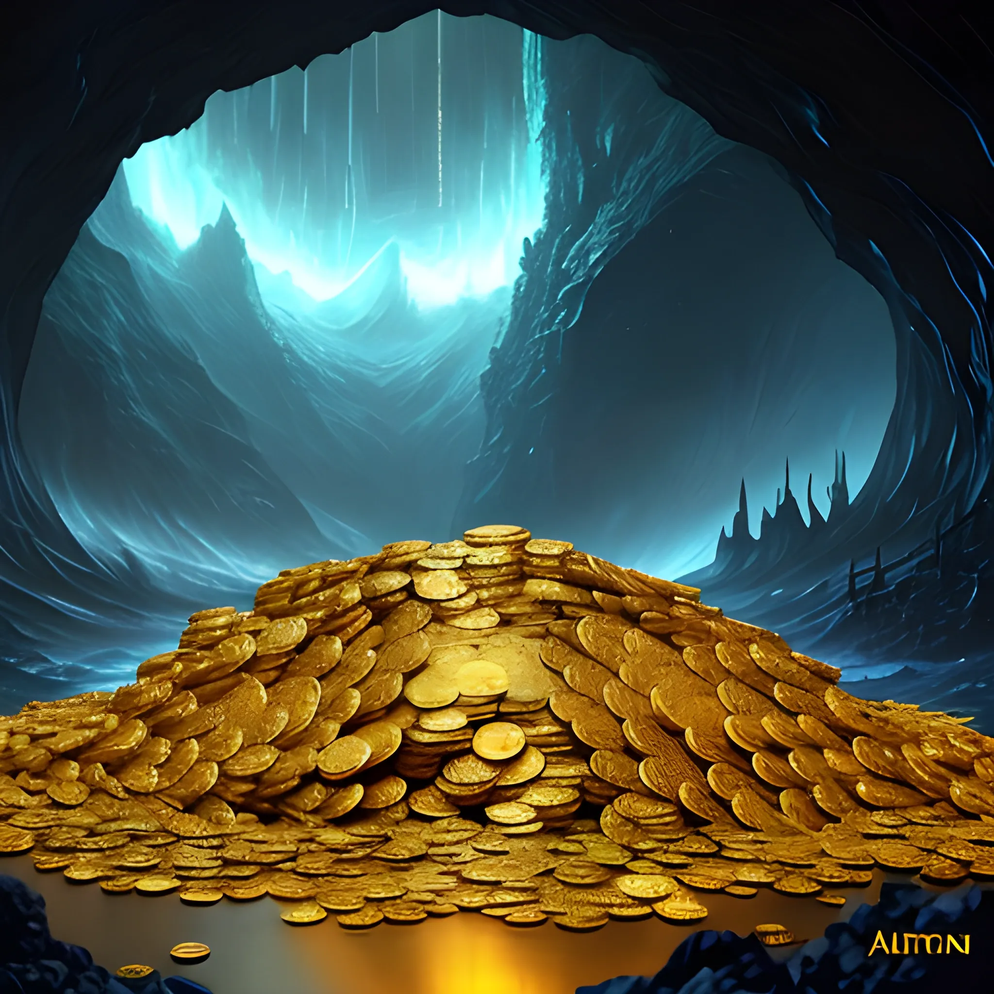 an enormous pile of millions of millions of small gold coins in a dark cavern cinematic, vivid colors, trending on artstation, matte painting, Oil Painting