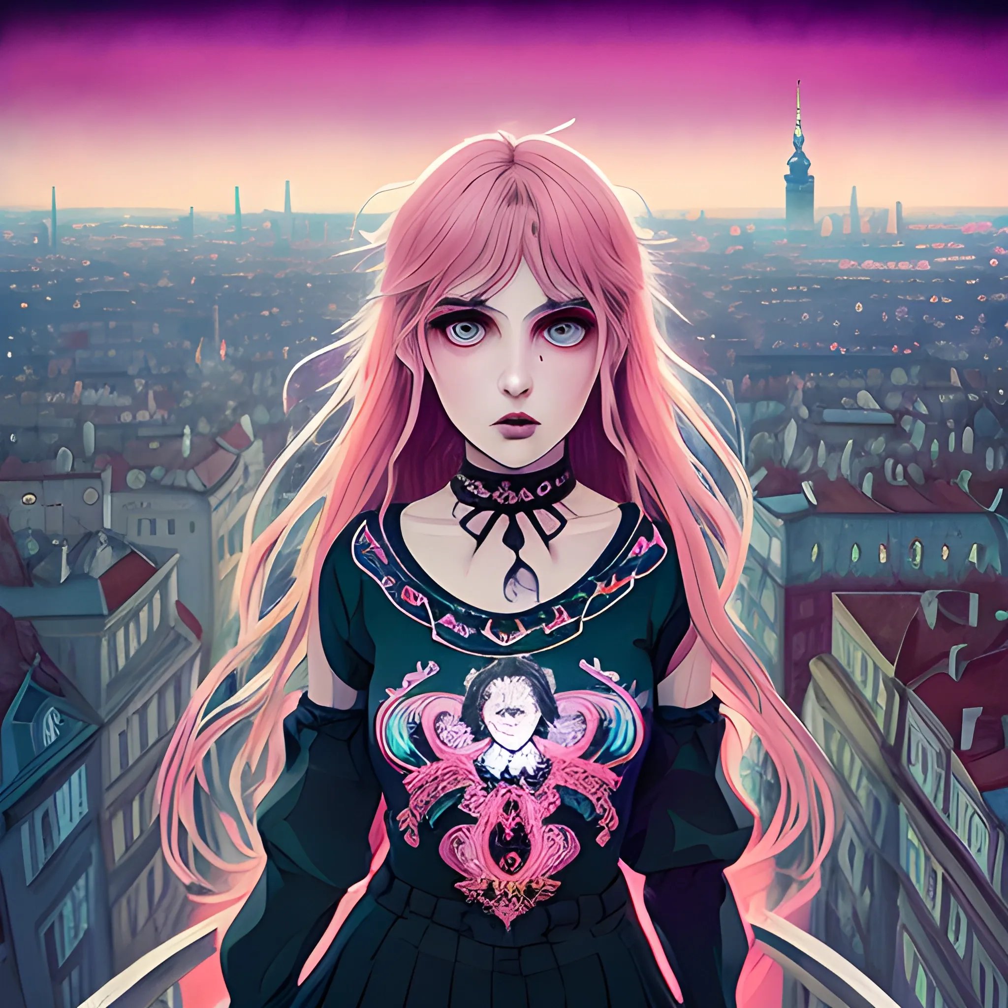 An image of messy hair slavic woman wearing choker in a manga art, anime style character  red and sillver colors,  true aesthetics, casual fashion shot of a beautiful modern woman posing in front of a psychedelic art nouveau style. classy style polish female, full figure, fit, ellegant tight pink costume, miniskirt,  legs,  choker, cross, long hair, classy,  beautiful face, manga eyes, open mouth,  Warsaw city in the background, dark night, art by Greg Rutkowski, acrylic, high contrast, colorful polychromatic, ultra detailed, ultra quality, CGSocietyHighly detailed, highest quality, 3D, , Trippy