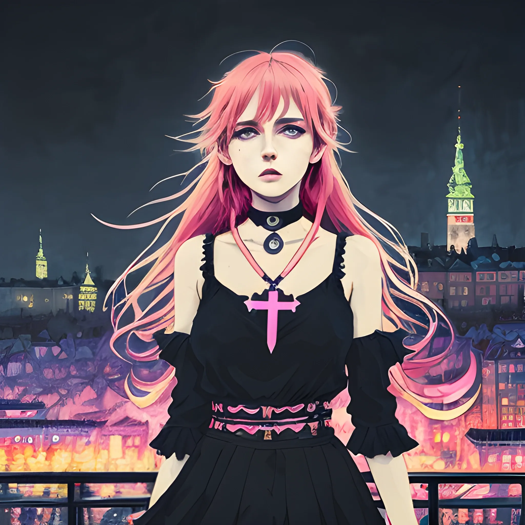 An image of messy hair slavic woman wearing choker in a manga art, anime style character  red and sillver colors,  true aesthetics, casual fashion shot of a beautiful modern woman posing in front of a psychedelic art nouveau style. classy style polish female, full figure, fit, ellegant tight pink costume, miniskirt,  legs,  choker, cross, long hair, classy,  beautiful face, manga eyes, open mouth,  Warsaw city in the background, dark night, art by Greg Rutkowski, acrylic, high contrast, colorful polychromatic, ultra detailed, ultra quality, CGSocietyHighly detailed, highest quality, 3D, , Trippy