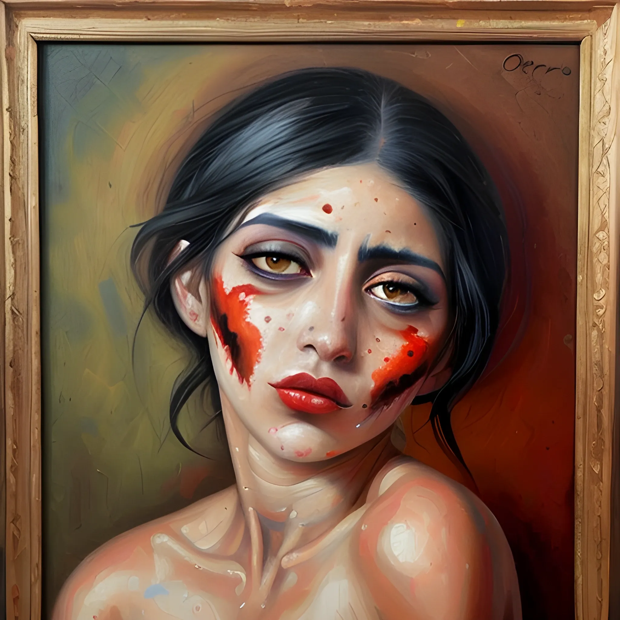 corazon roto mujer morena ojos grises pecas,, Oil Painting