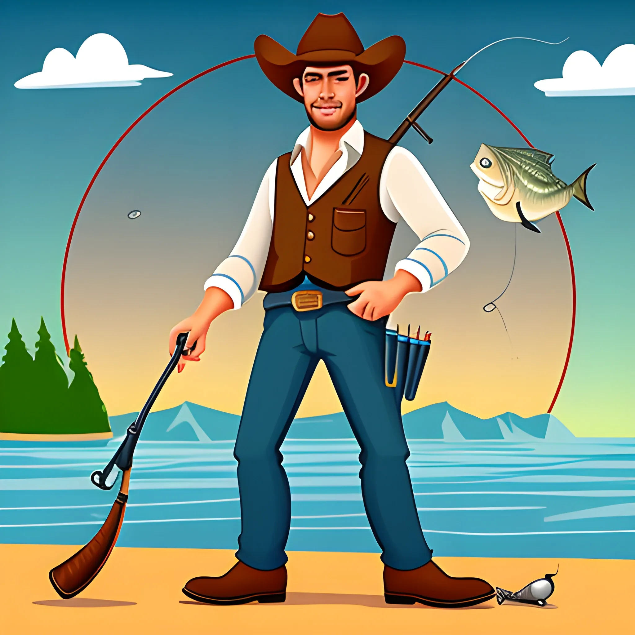 Handsome cowboy fishing with gun in hand, Cartoon 