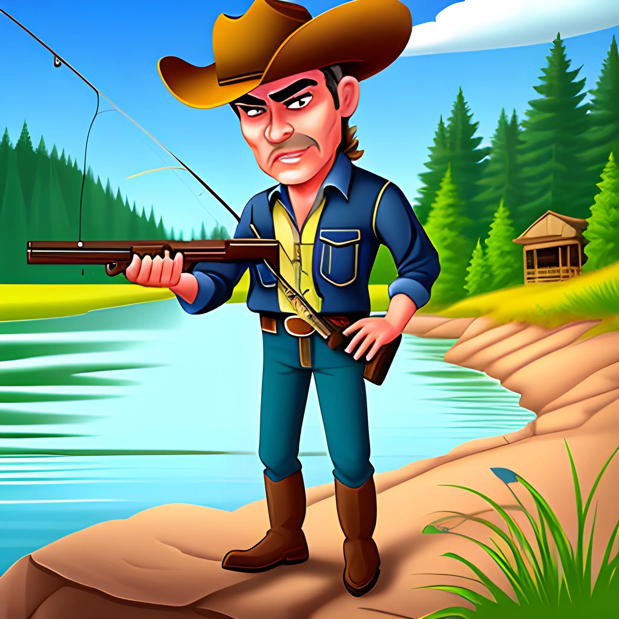 Handsome cowboy fishing with gun in hand, Cartoon